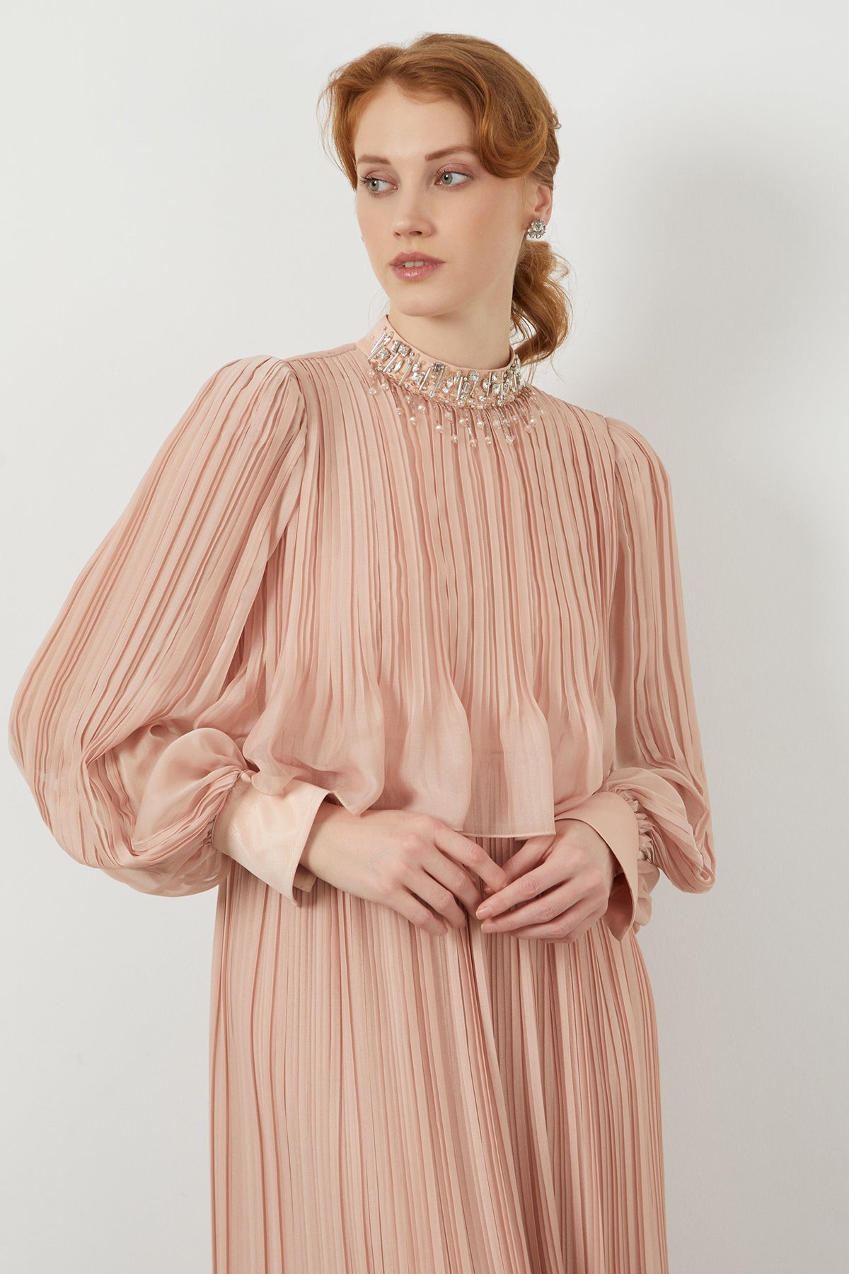 Pink Embroidered-Collar Maxi Dress