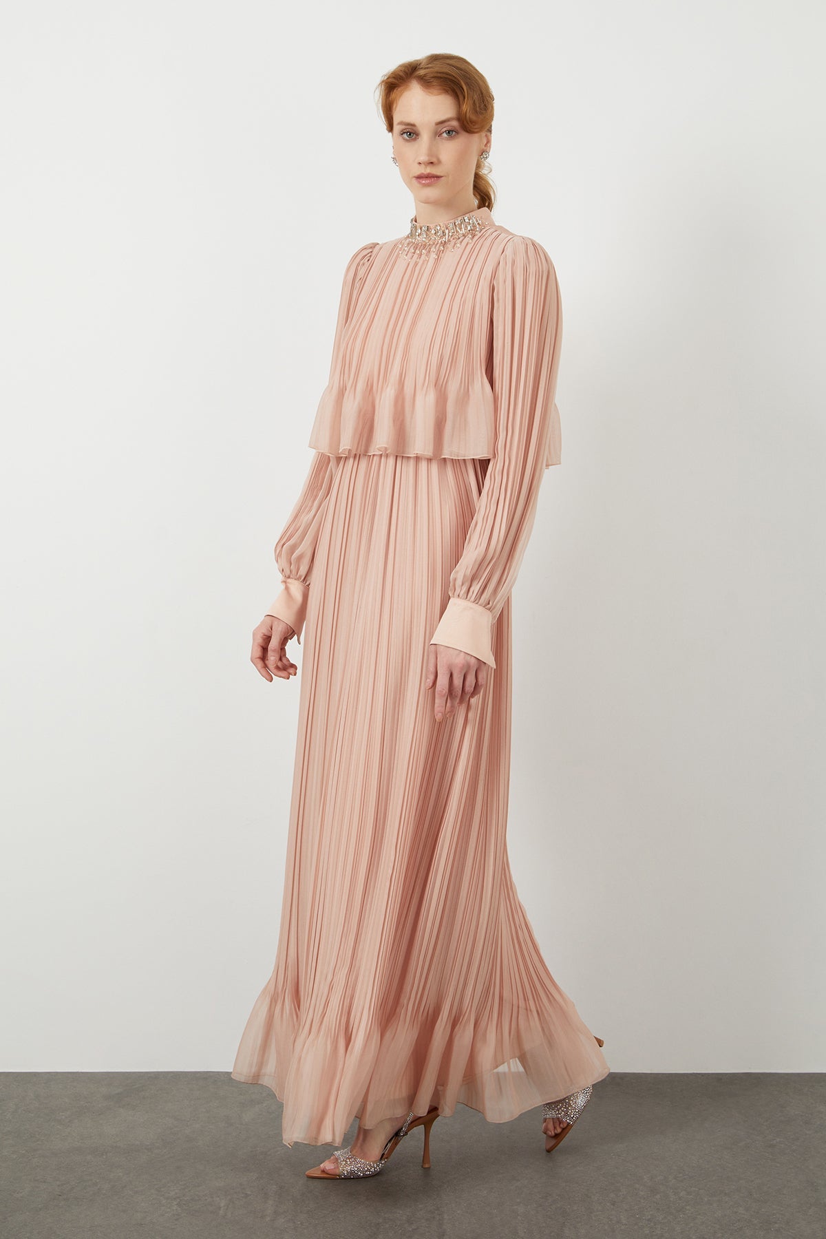 Pink Embroidered-Collar Maxi Dress