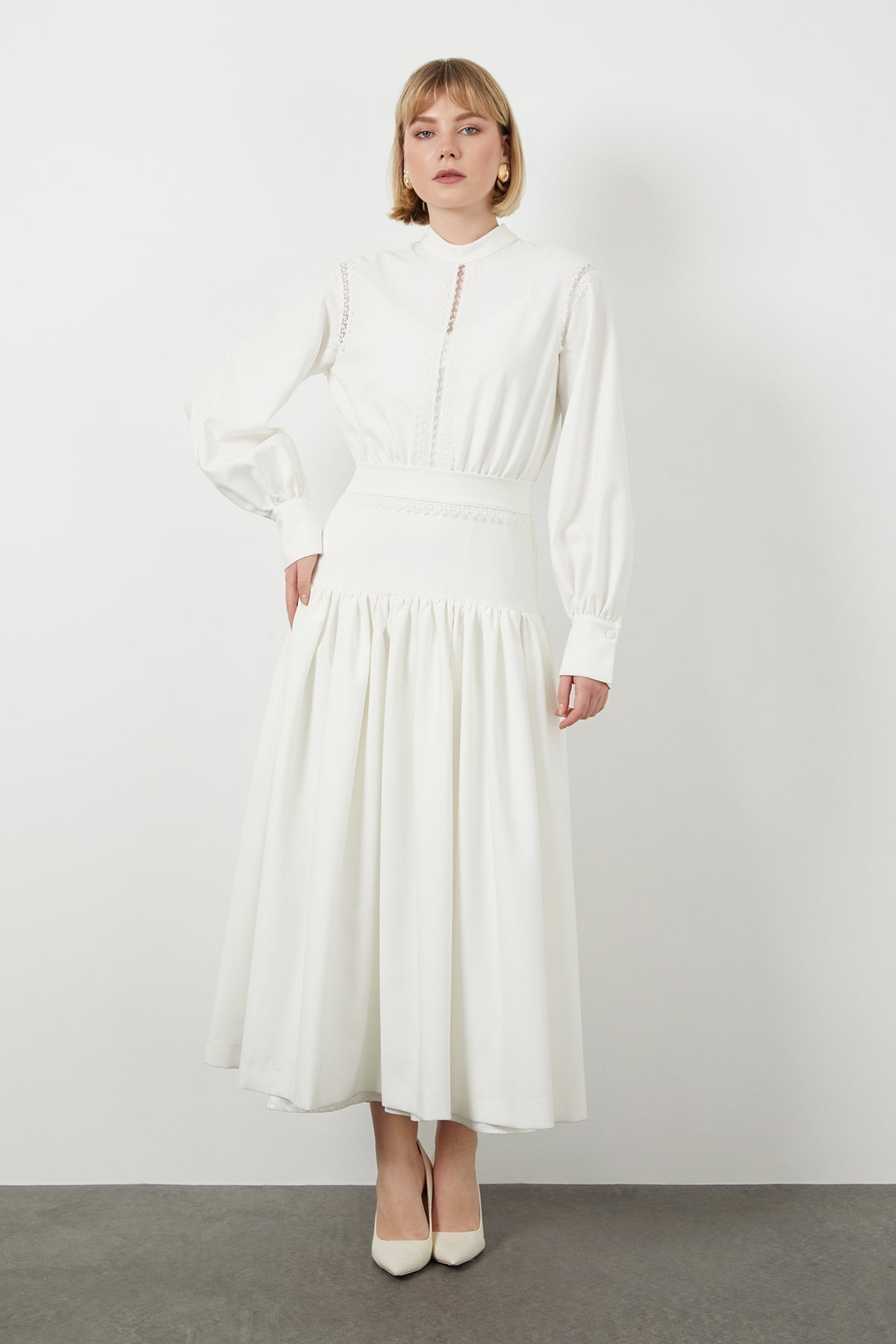 Ecru Stripe-Detail Midi Dress