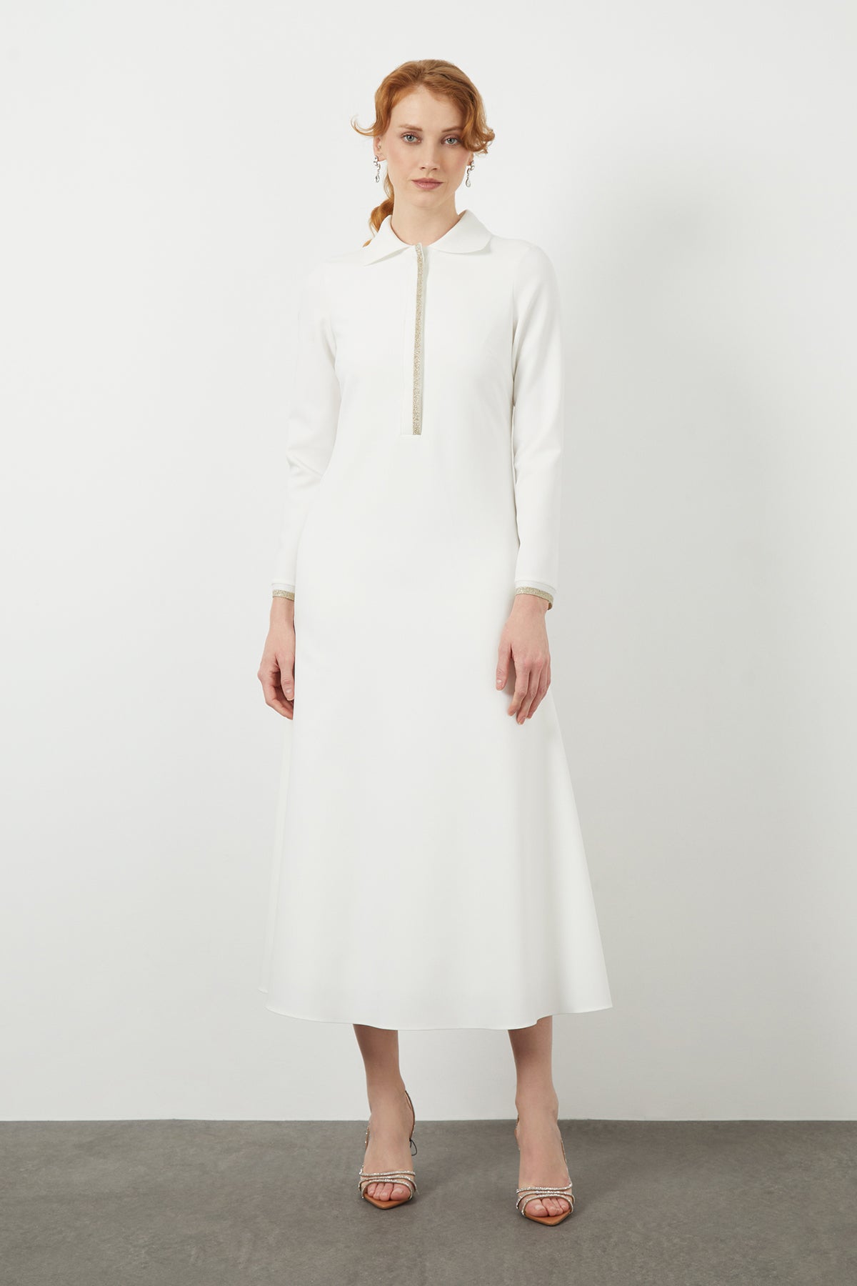 Ecru Long-Sleeve Midi Dress