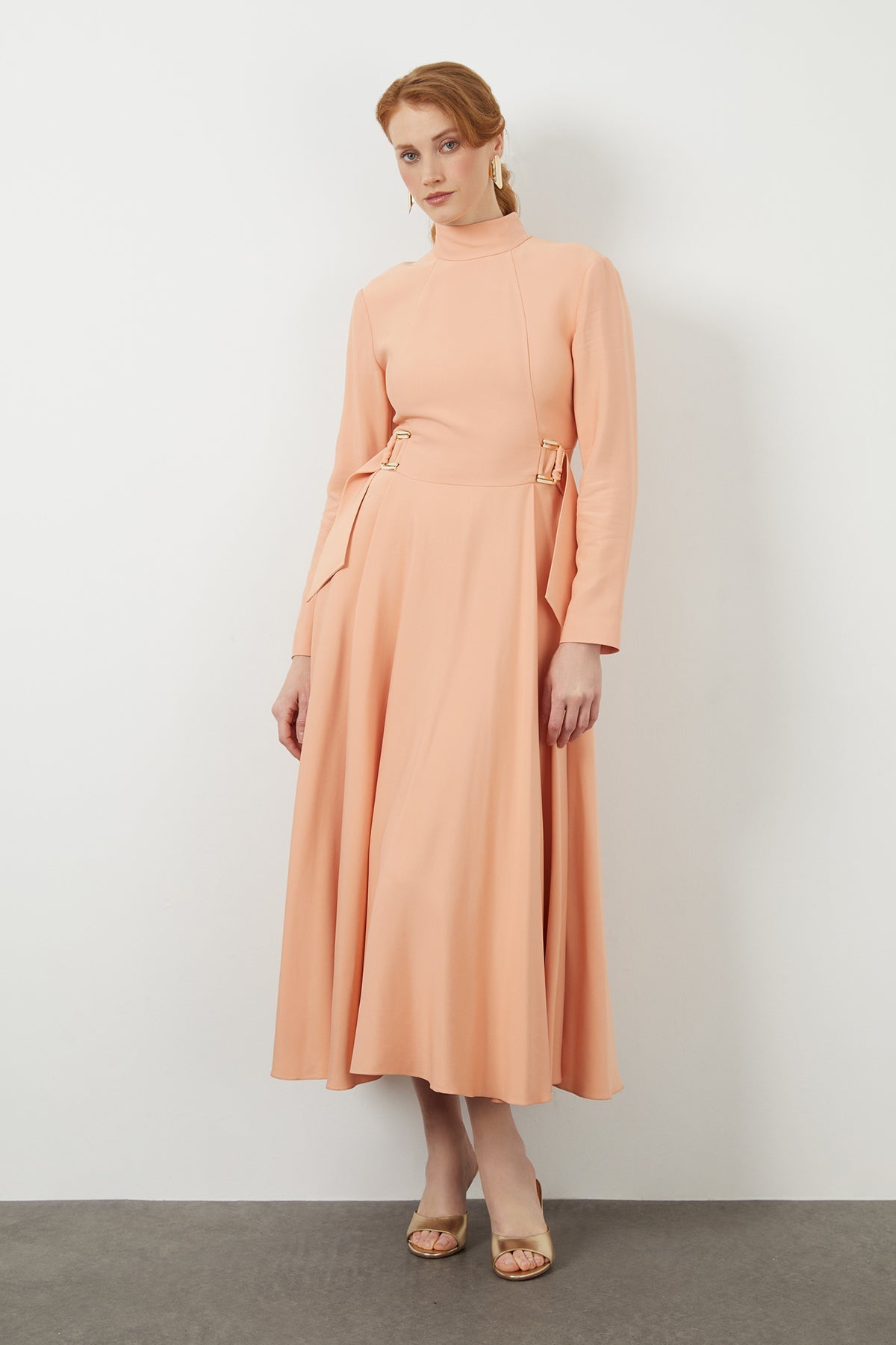 Orange Stand-Collar Midi Dress