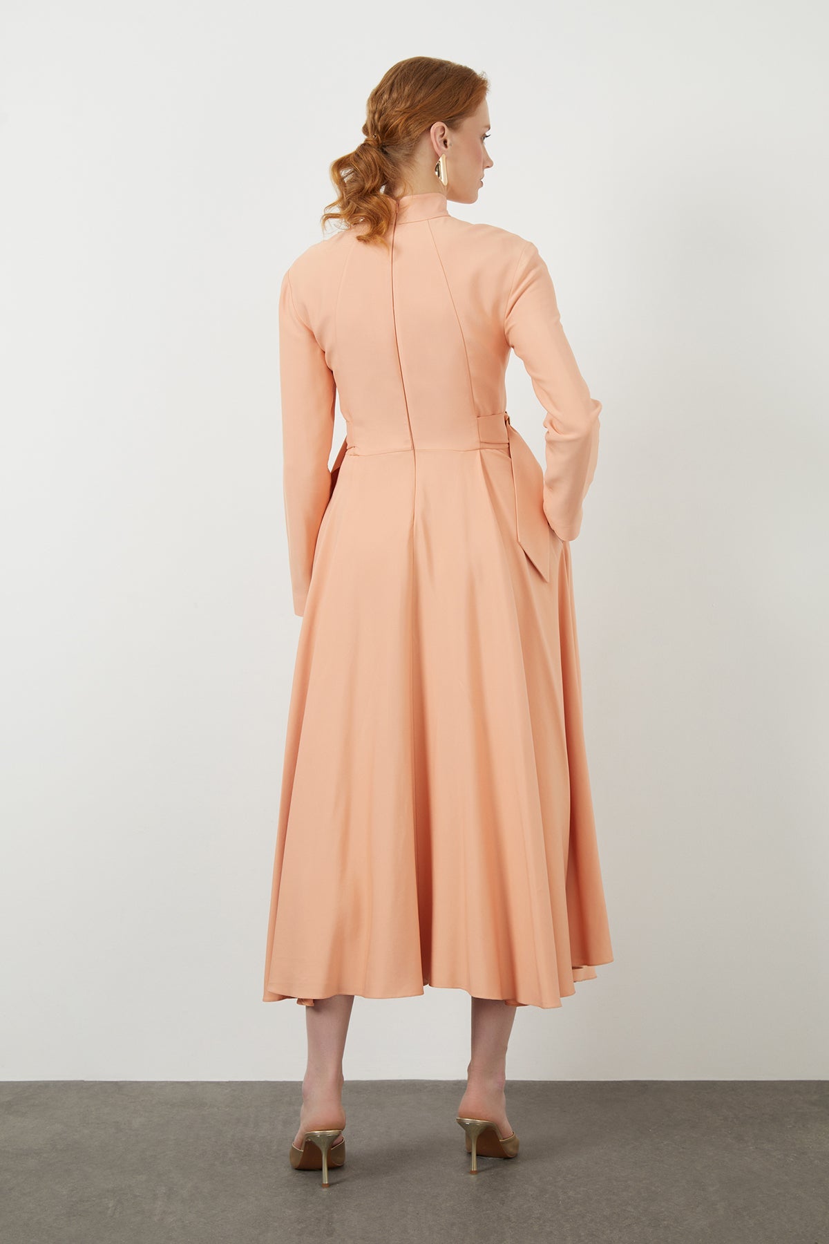 Orange Stand-Collar Midi Dress