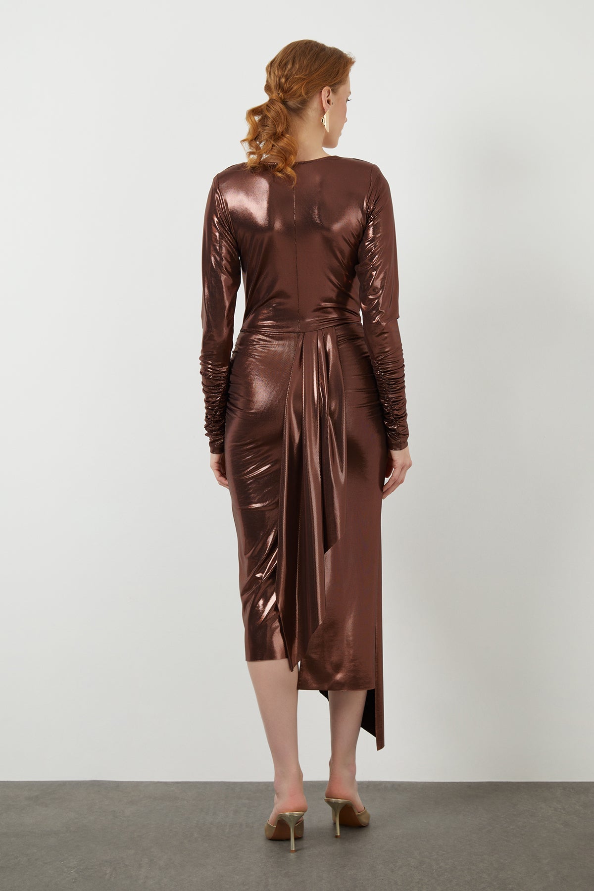 Brown Asymmetric Metallic Midi Dress