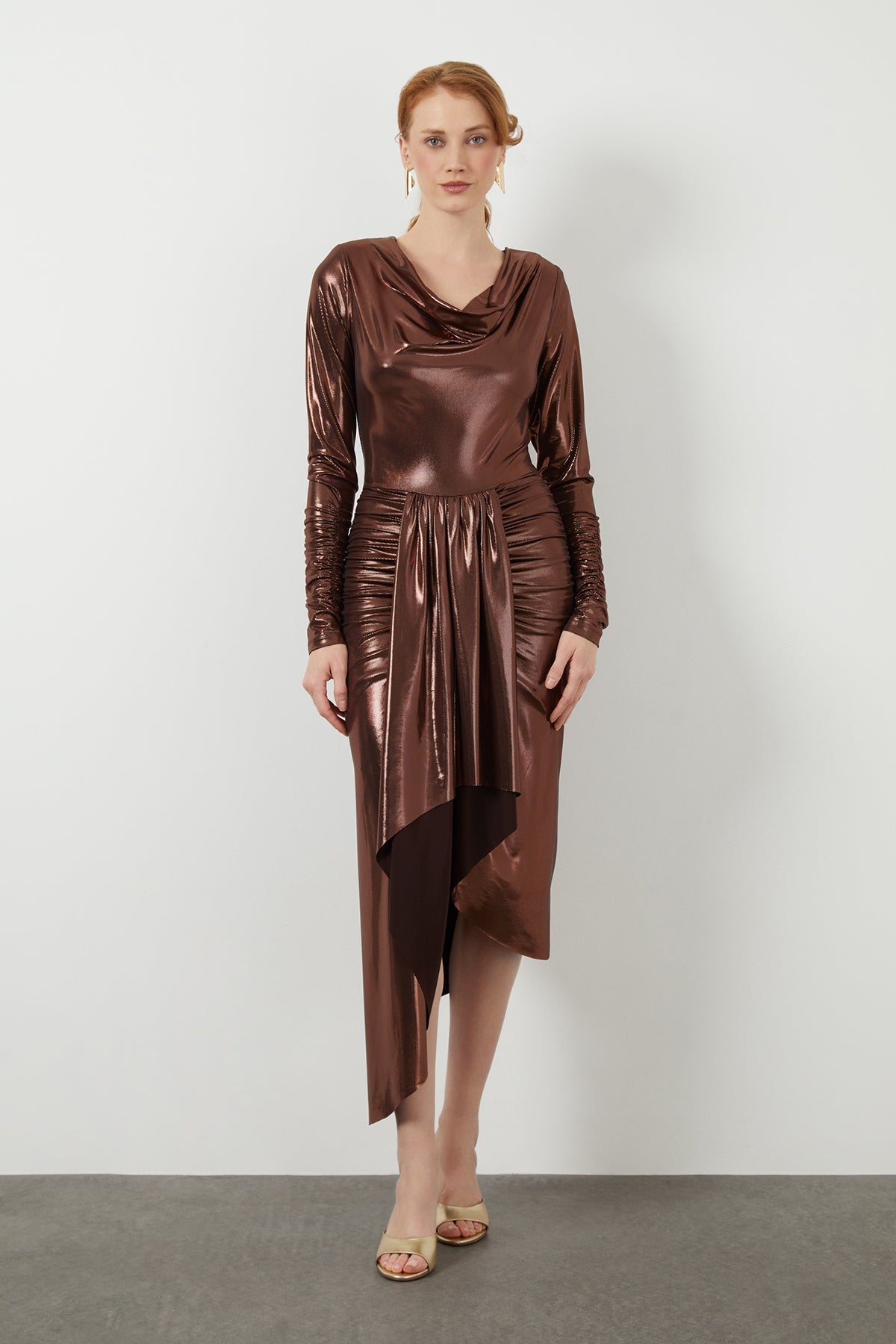 Brown Asymmetric Metallic Midi Dress