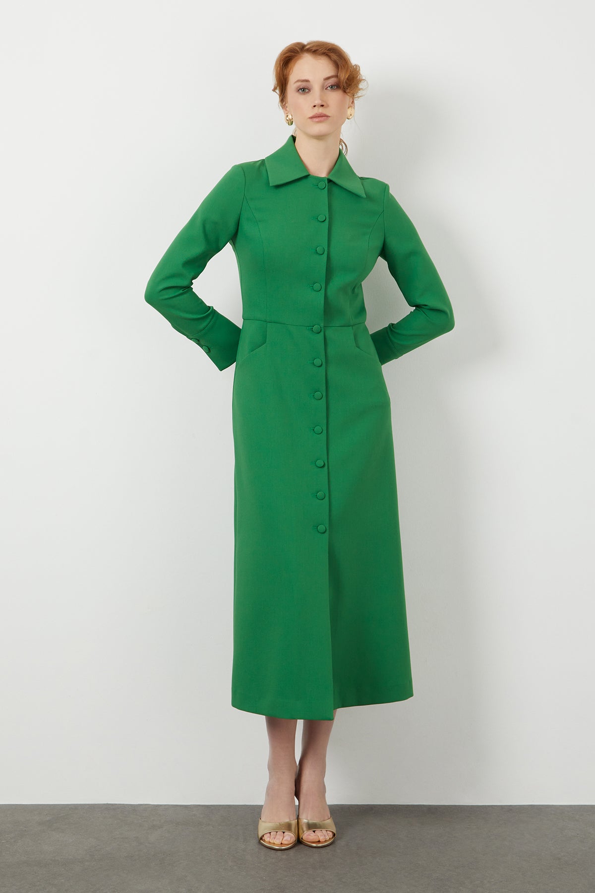 Green Button-Front Midi Dress