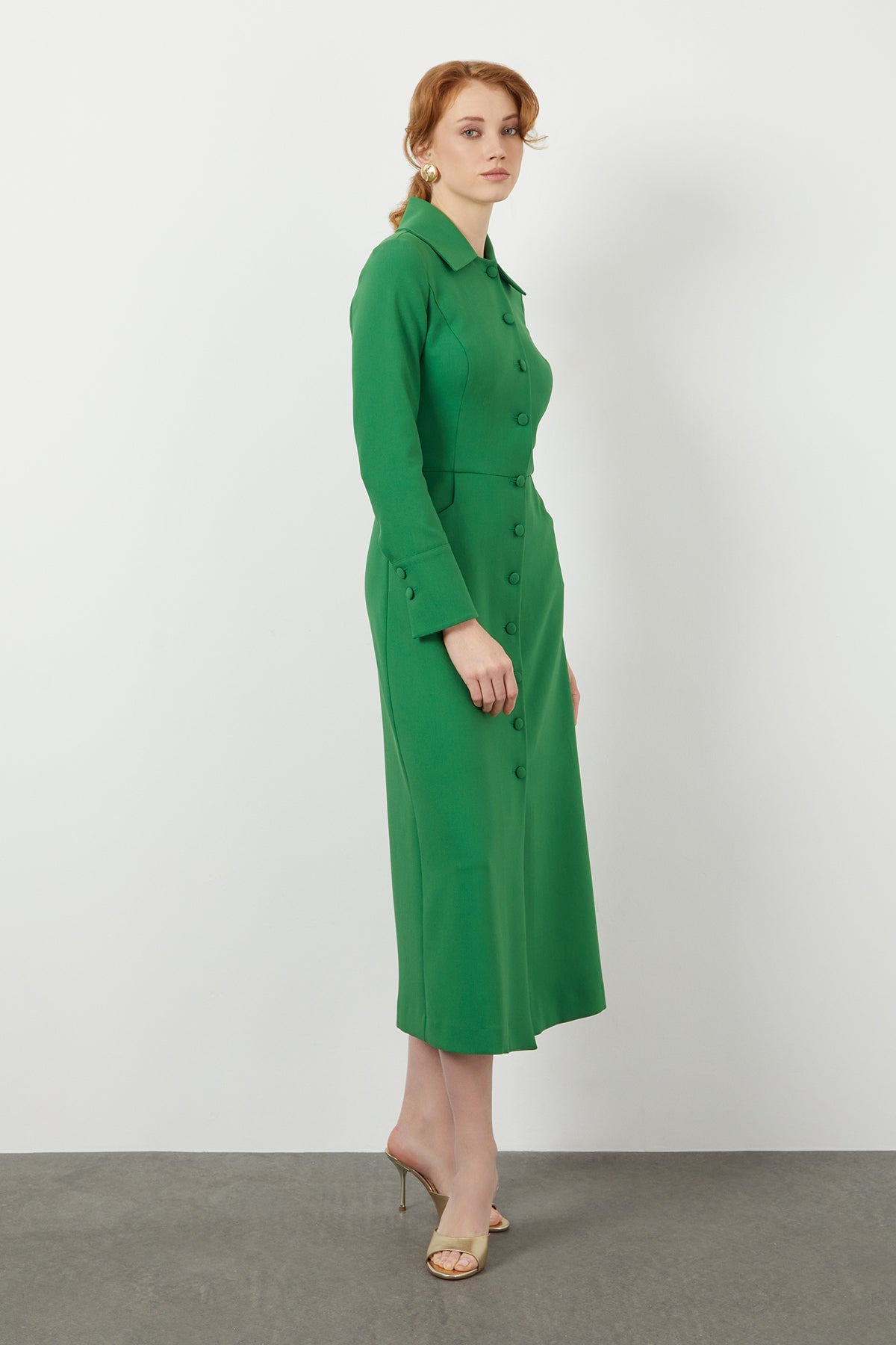 Green Button-Front Midi Dress