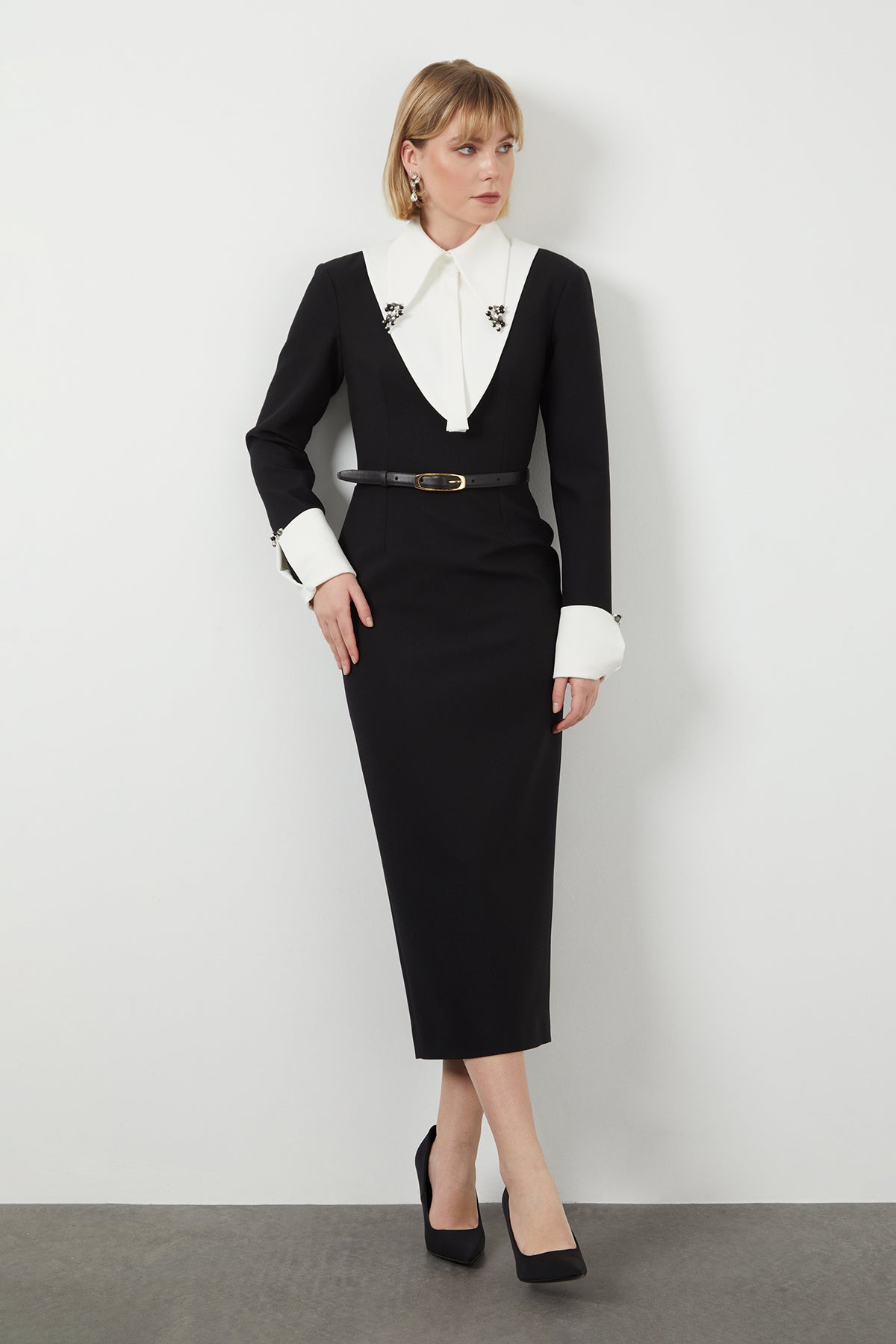 Black Embroidered-Collar Midi Dress