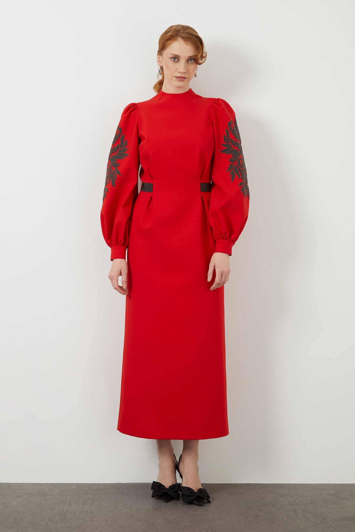 Red Long-Sleeved Embroidered Maxi Dress
