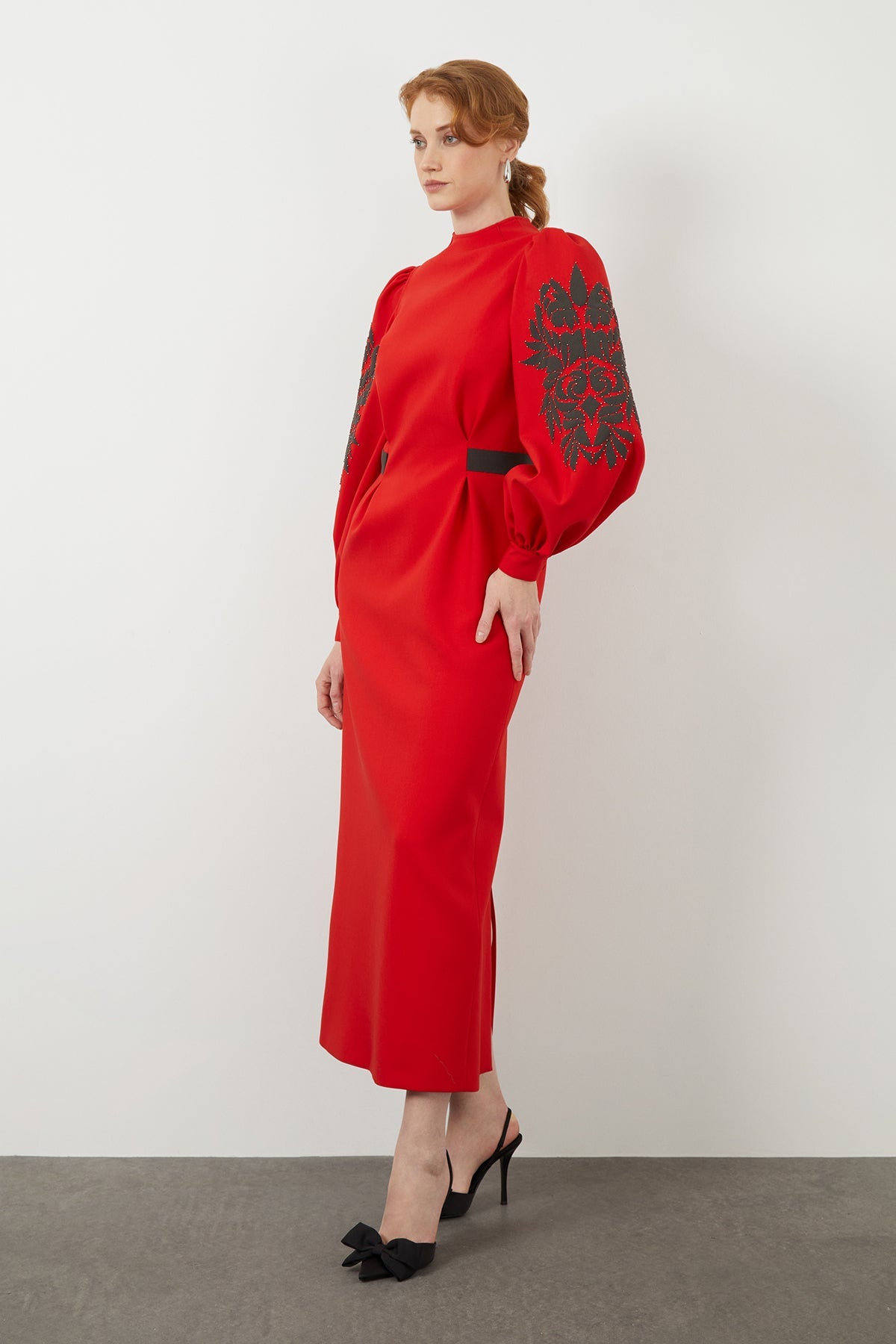 Red Long-Sleeved Embroidered Maxi Dress