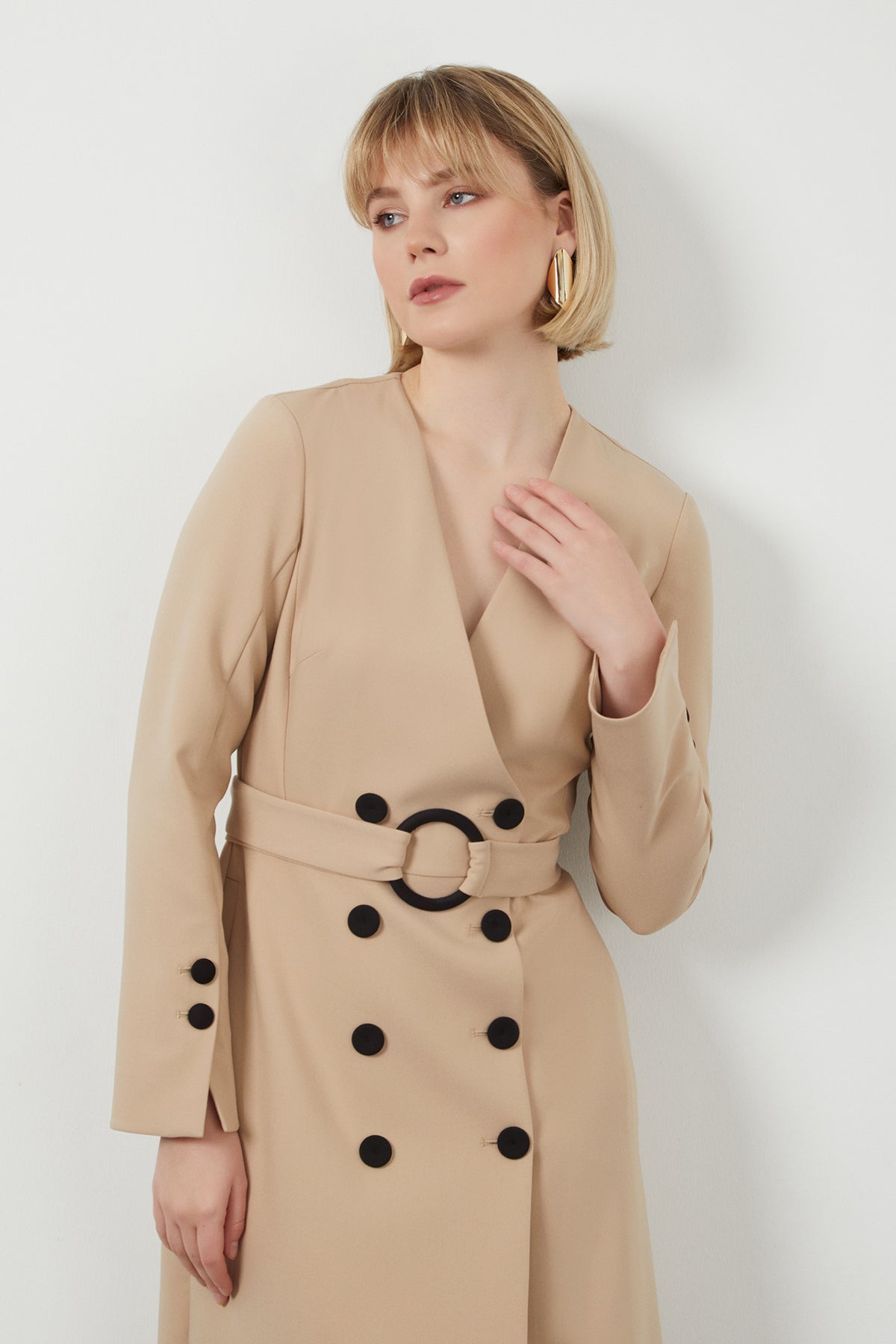 Beige Midi Belted Dress