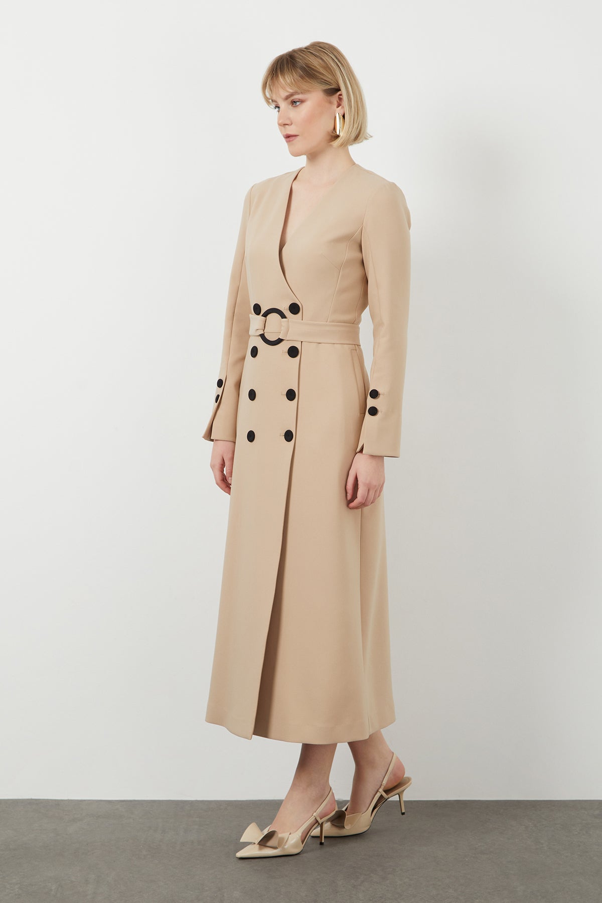 Beige Midi Belted Dress