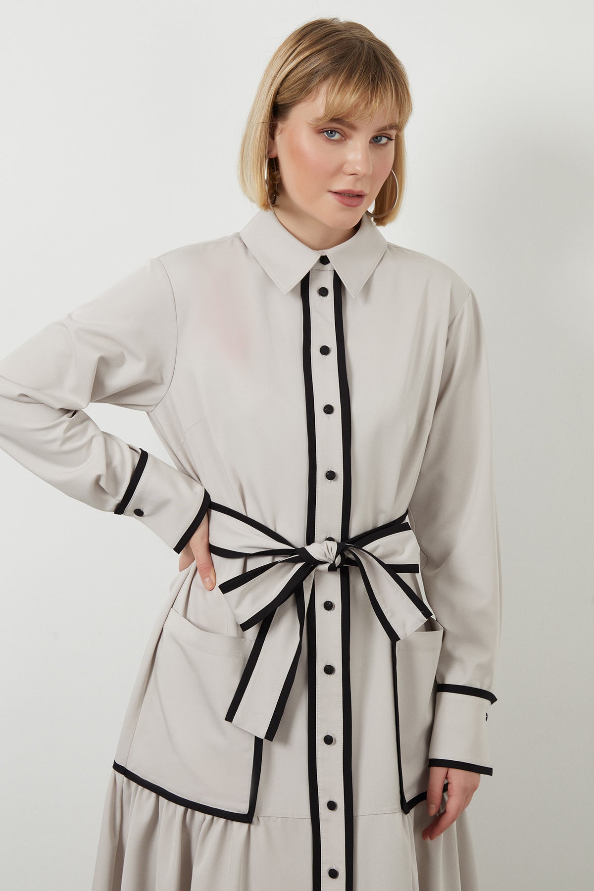 Grey Sash-Detail Midi Dress