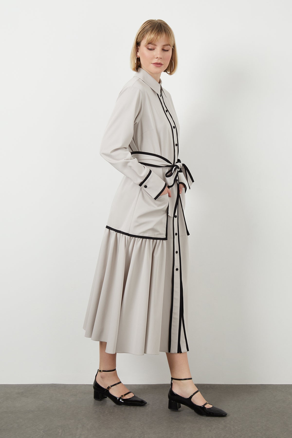 Grey Sash-Detail Midi Dress