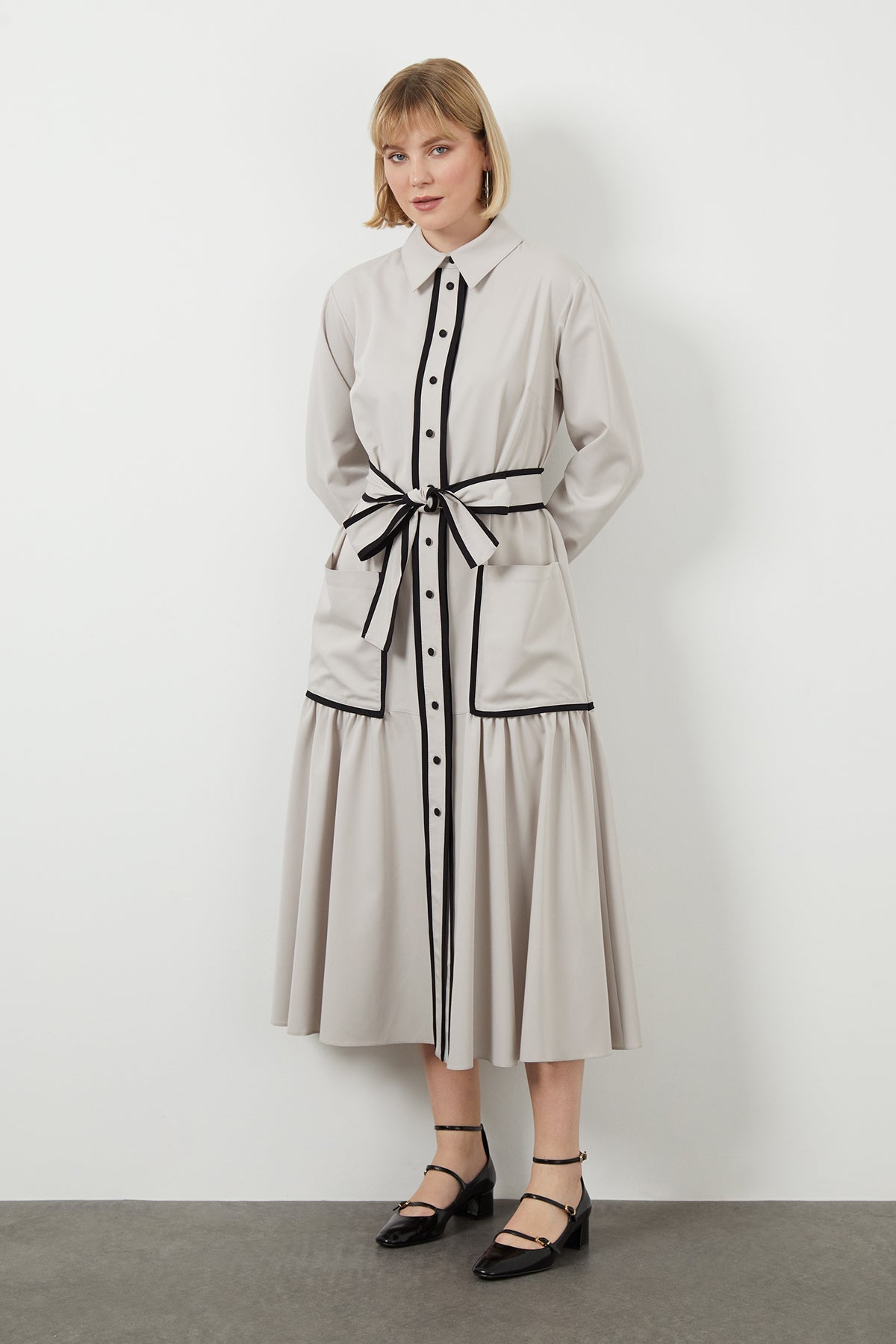 Grey Sash-Detail Midi Dress