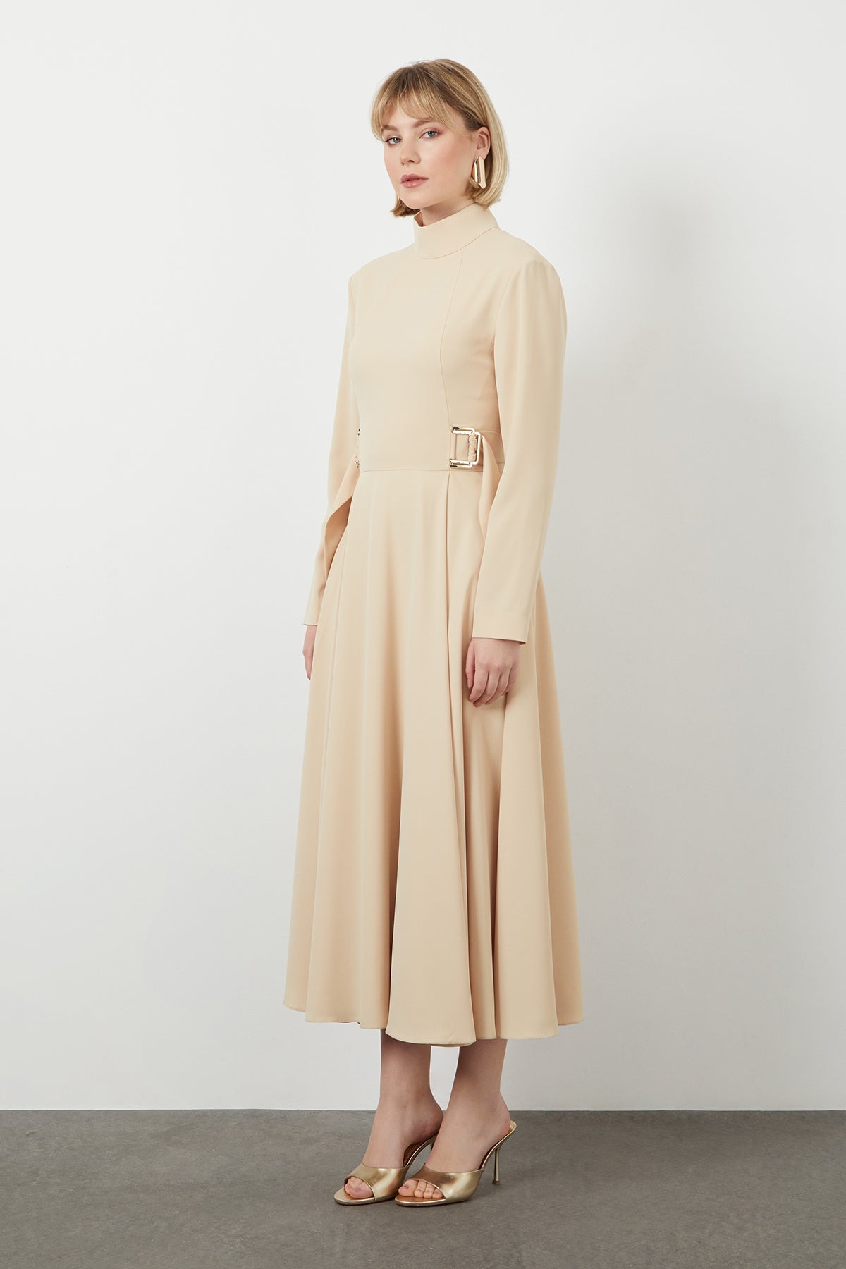 Beige Belted Midi Dress