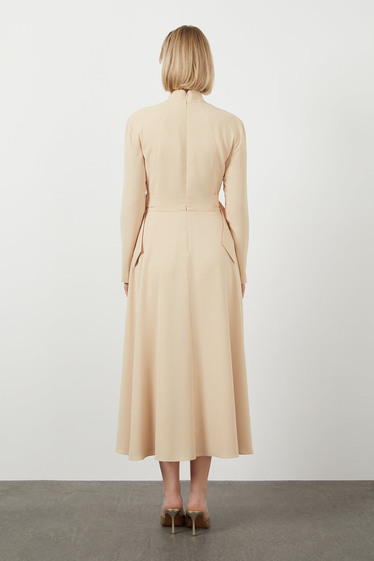 Belted Turtleneck Long Sleeve Midi Dress