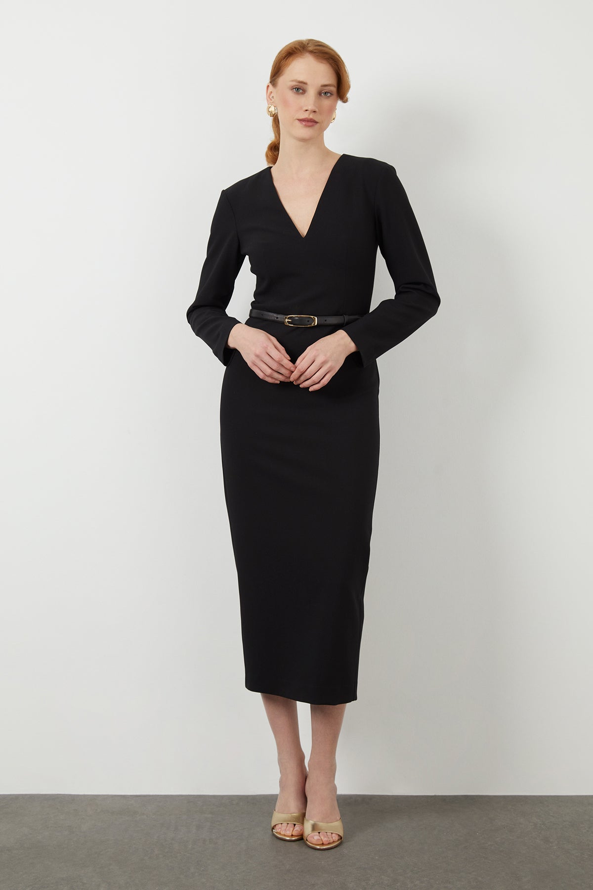 Black Midi V-Neck Dress