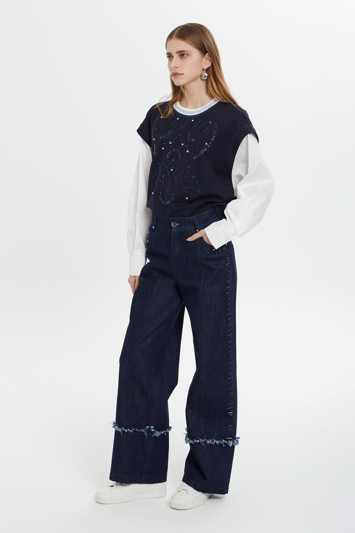 Embroidered Wide-Leg Jeans