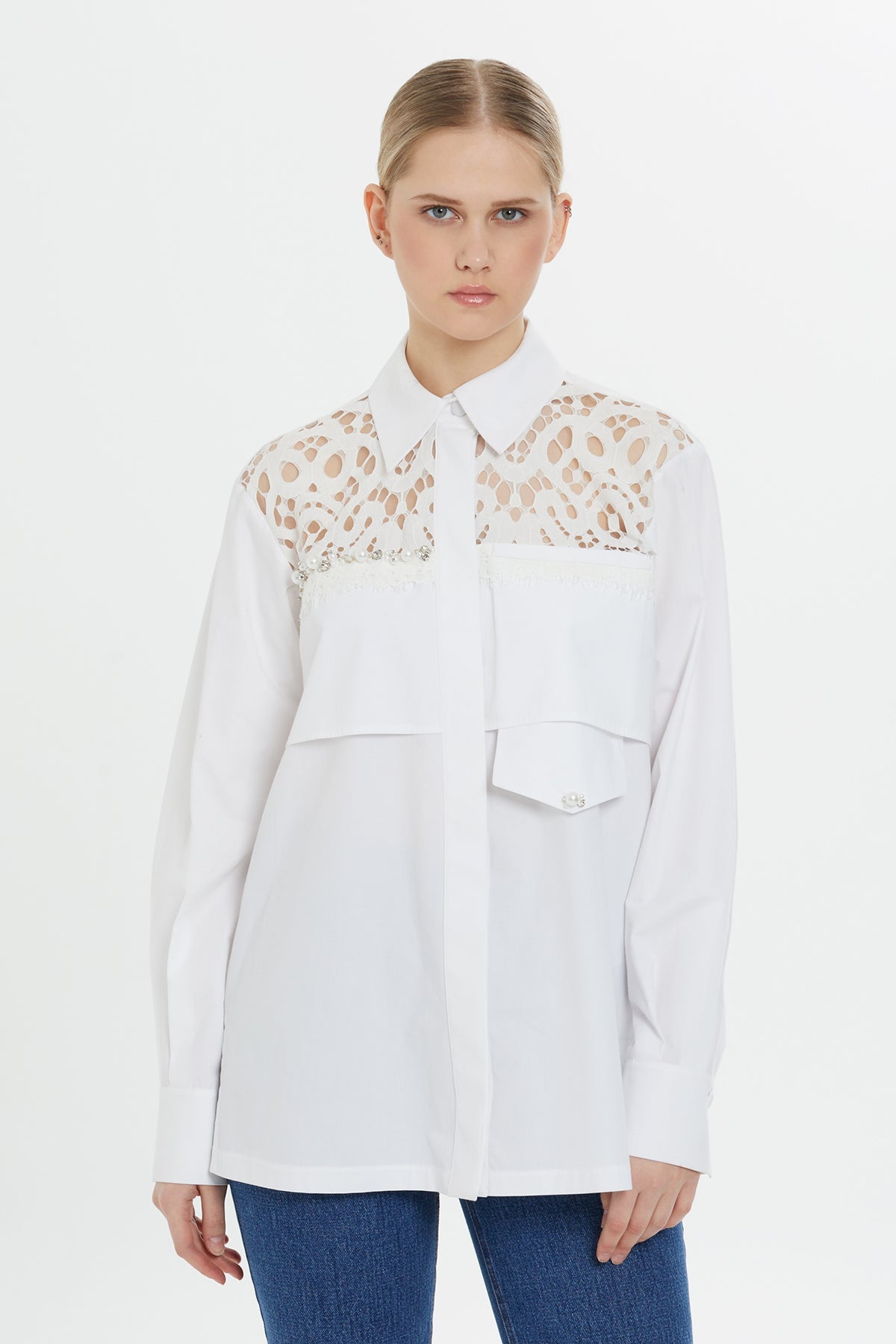 White Beaded Cotton Shirt