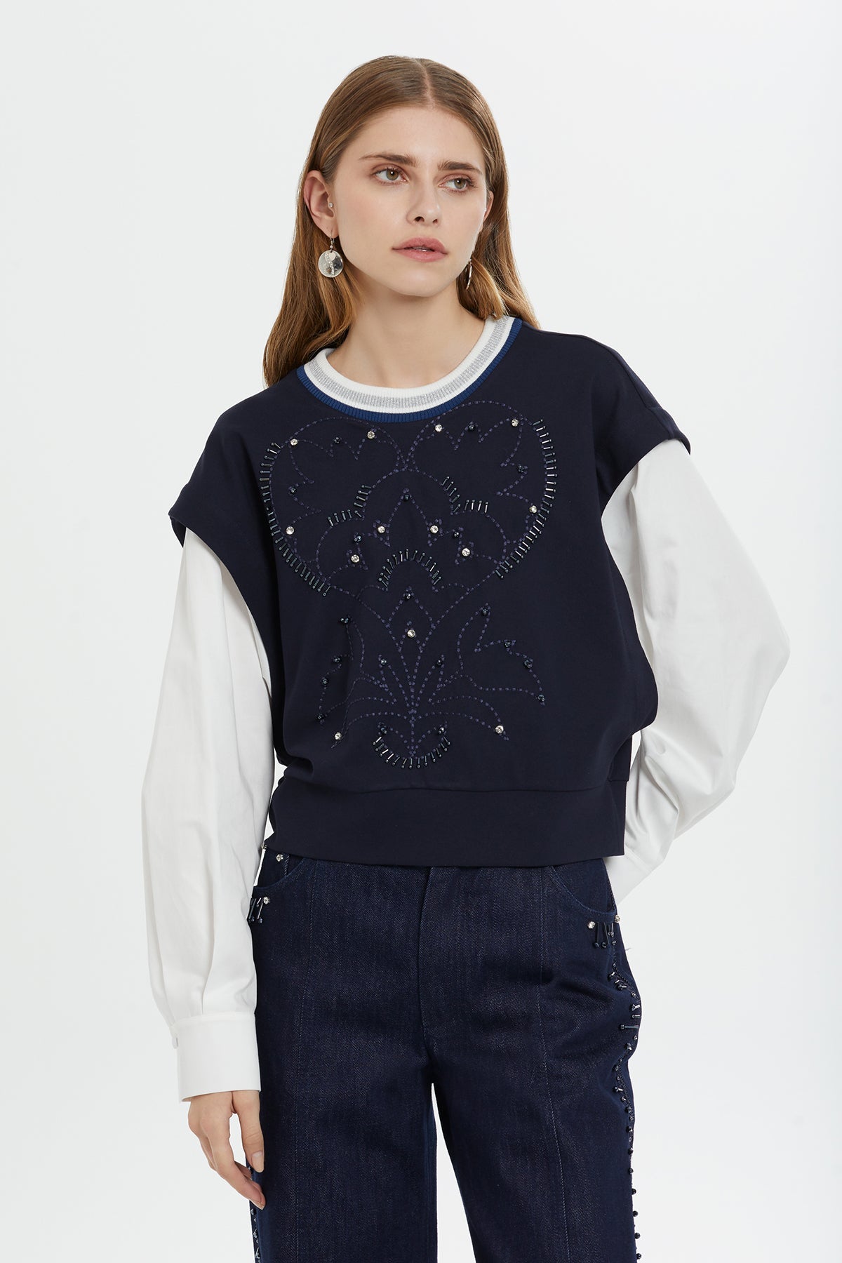 Navy Embroidered Chain-Stitch Long-Sleeve Blouse