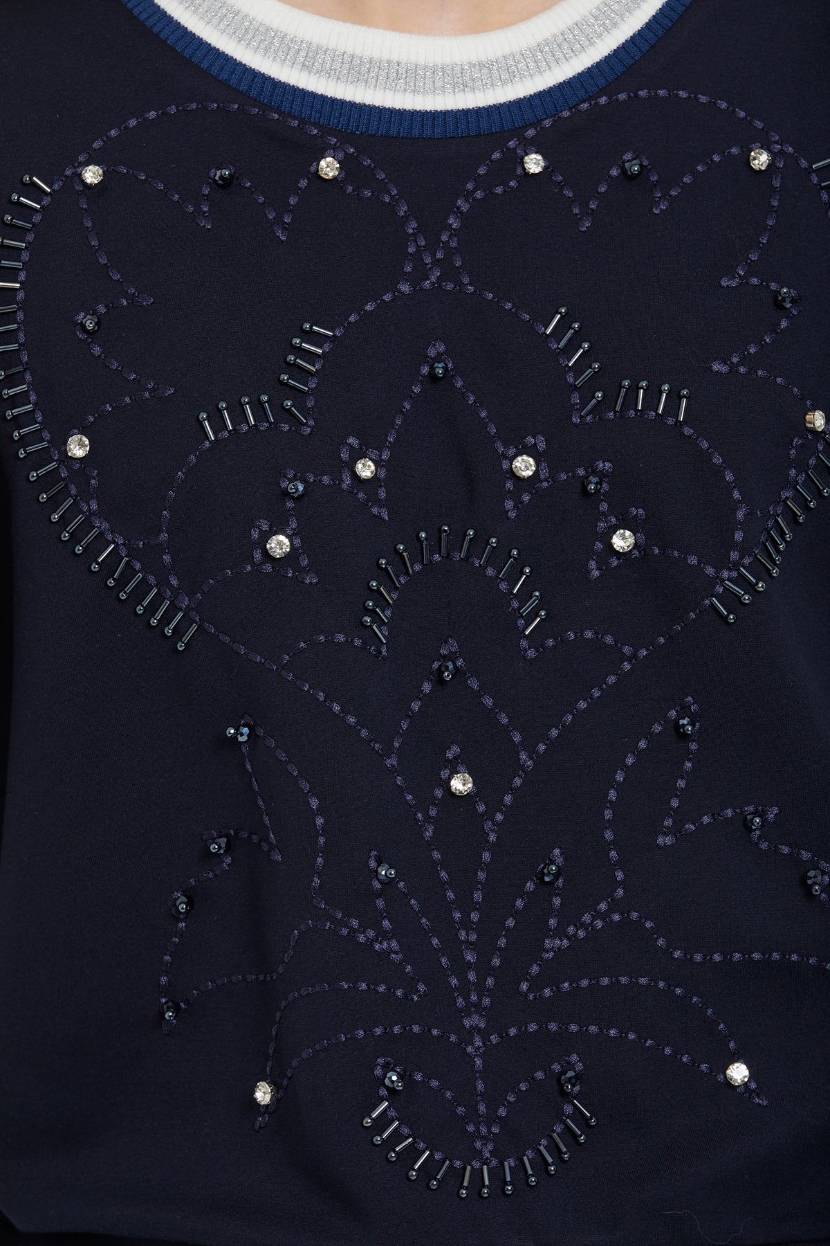 Navy Embroidered Chain-Stitch Long-Sleeve Blouse