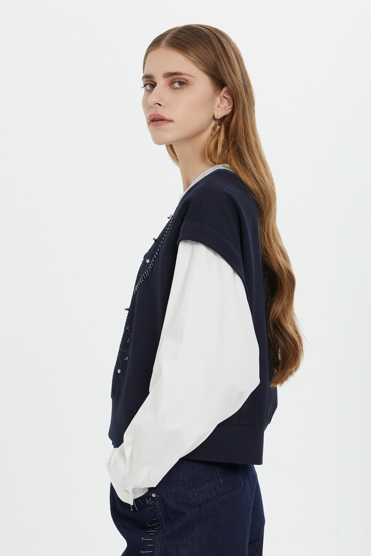 Navy Embroidered Chain-Stitch Long-Sleeve Blouse