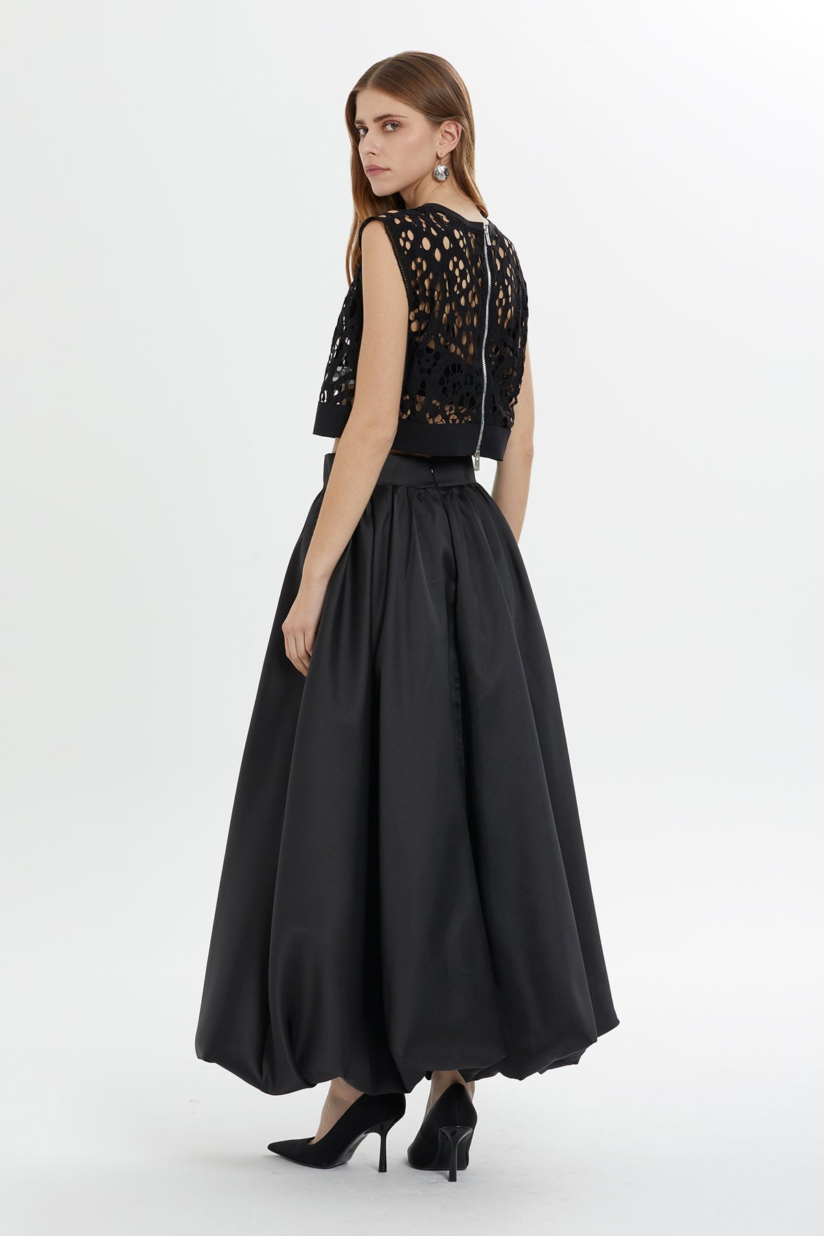 Black Elastic-Hem Lace Blouse with Bustier