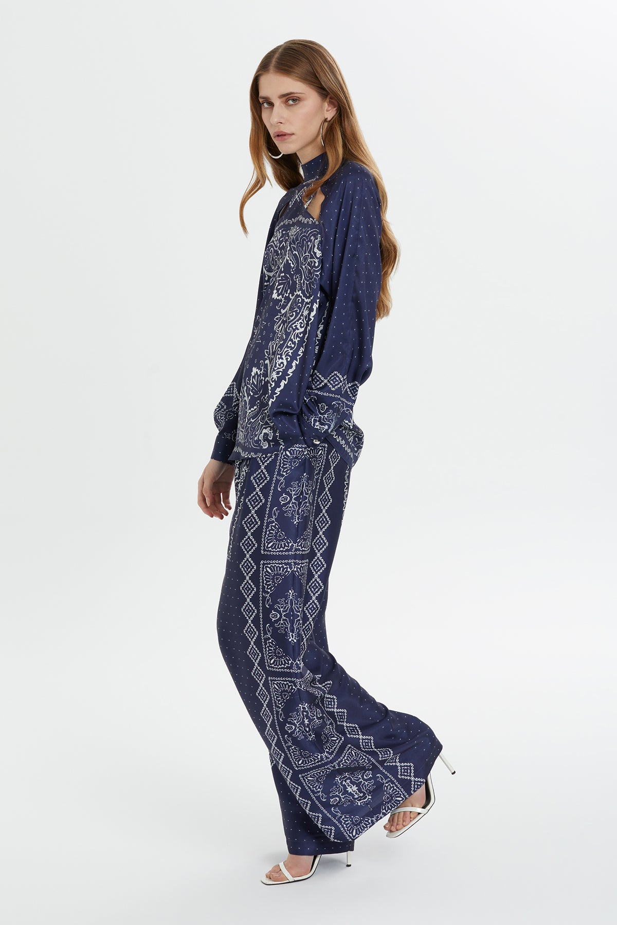 Navy Raglan-Sleeve Patterned Blouse