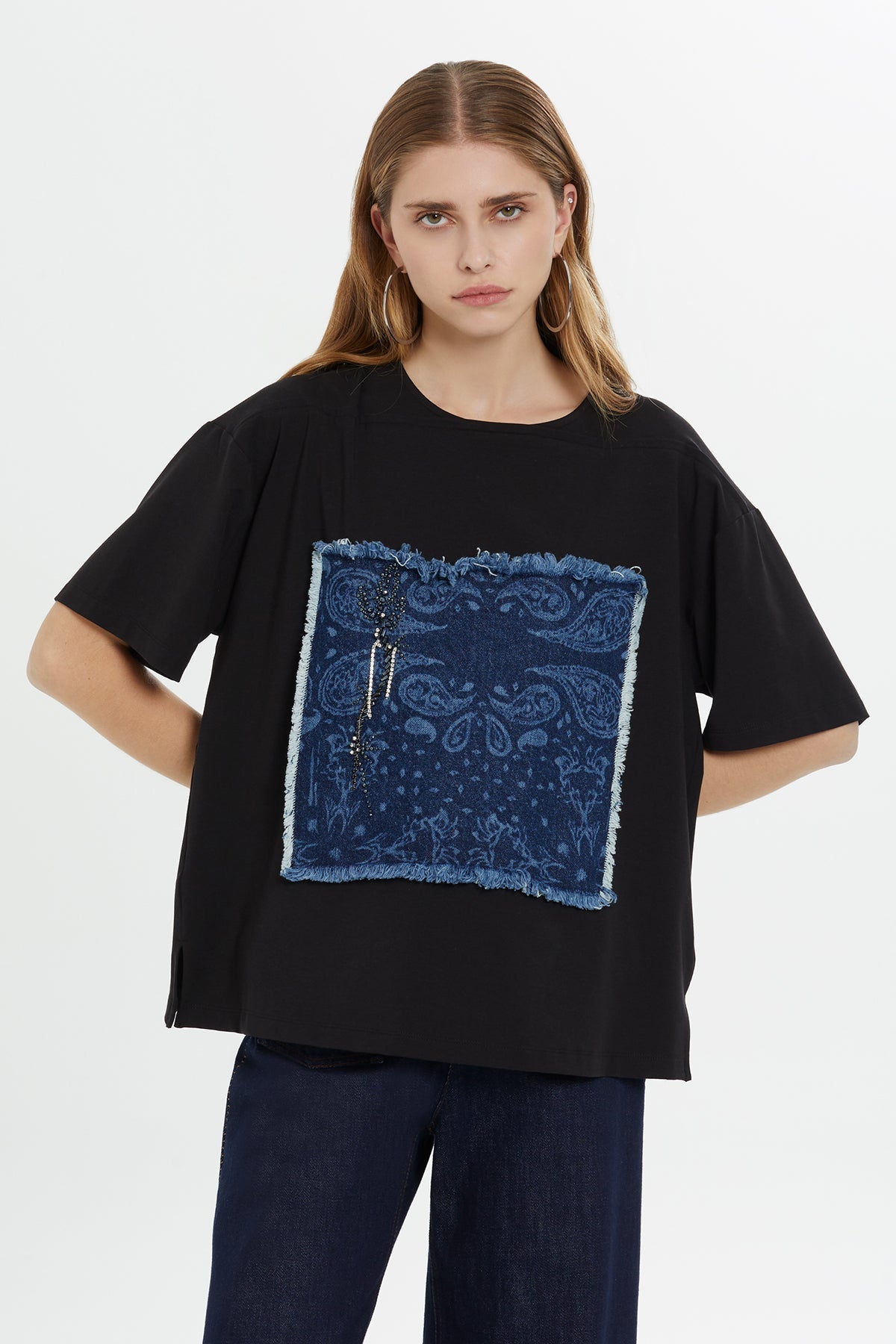 Black and Denim Detail T-Shirt