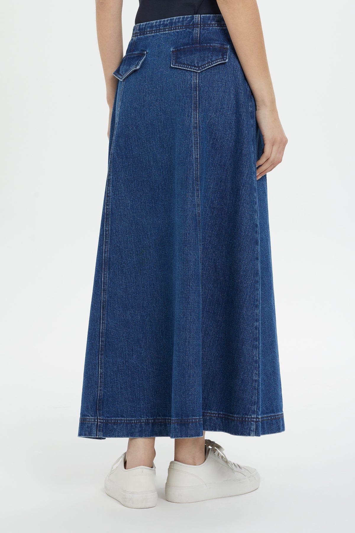 Navy Pocketed Maxi Denim Skirt