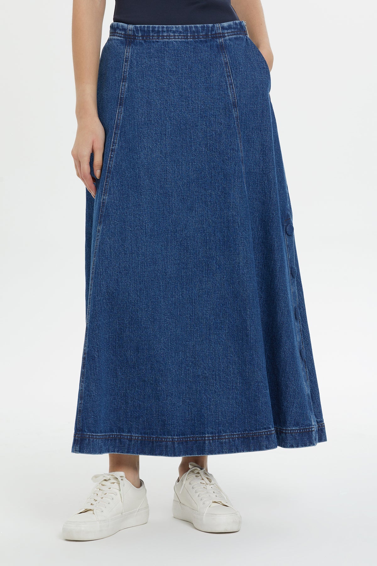 Navy Pocketed Maxi Denim Skirt