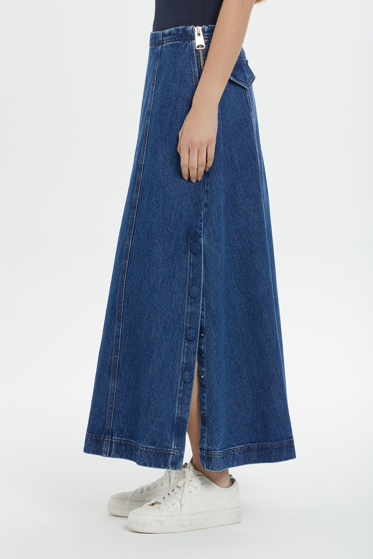 Navy Pocketed Maxi Denim Skirt