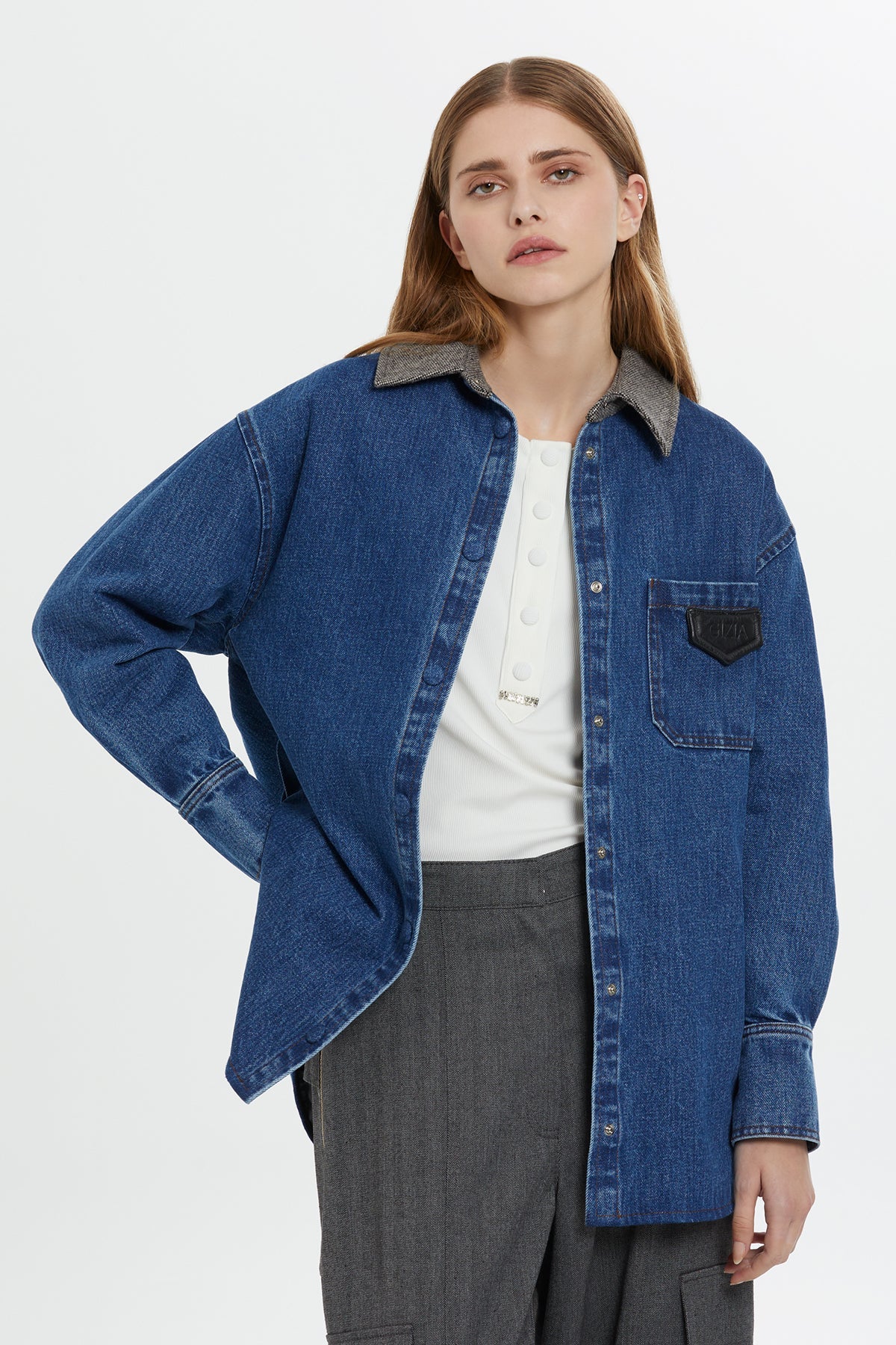 Contrast-Collar Denim Shirt