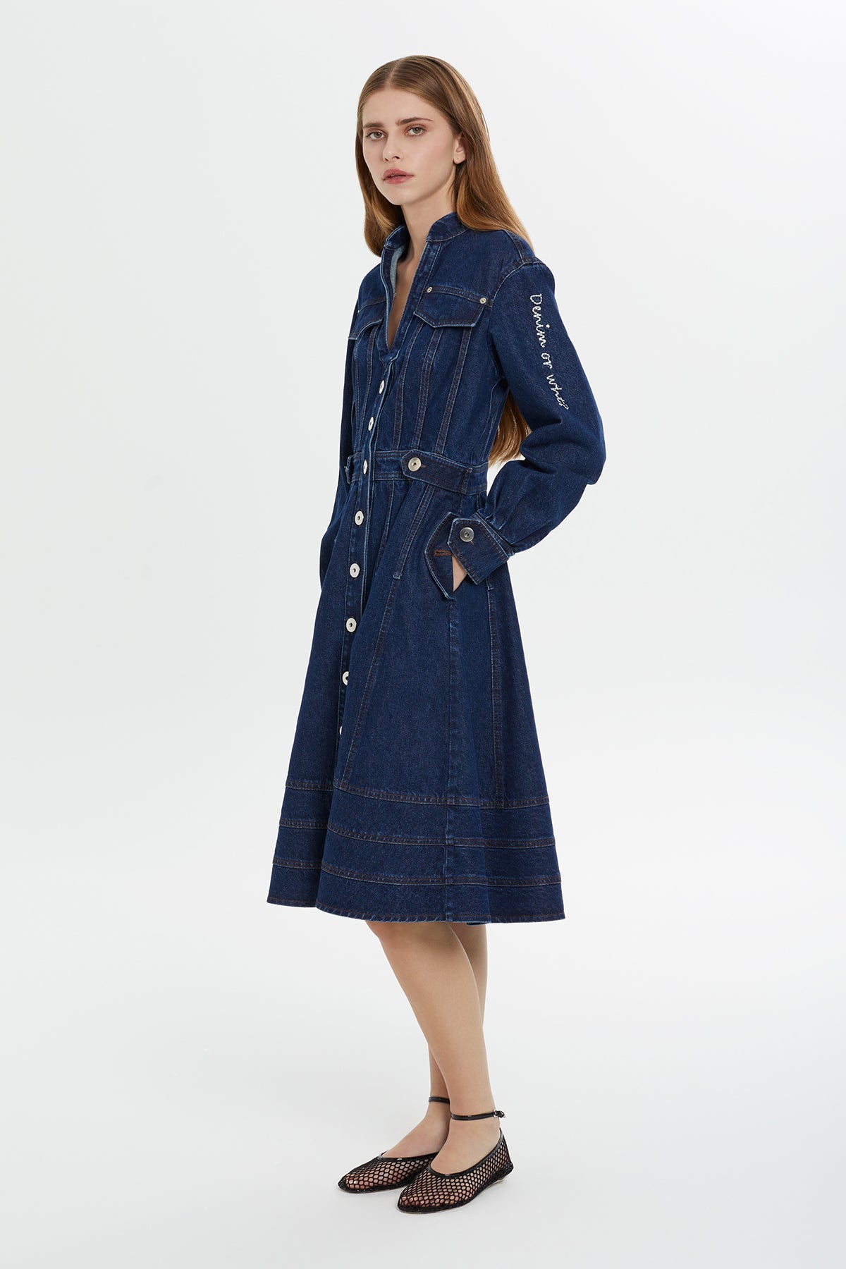 Blue Long-Sleeve Denim Midi Dress