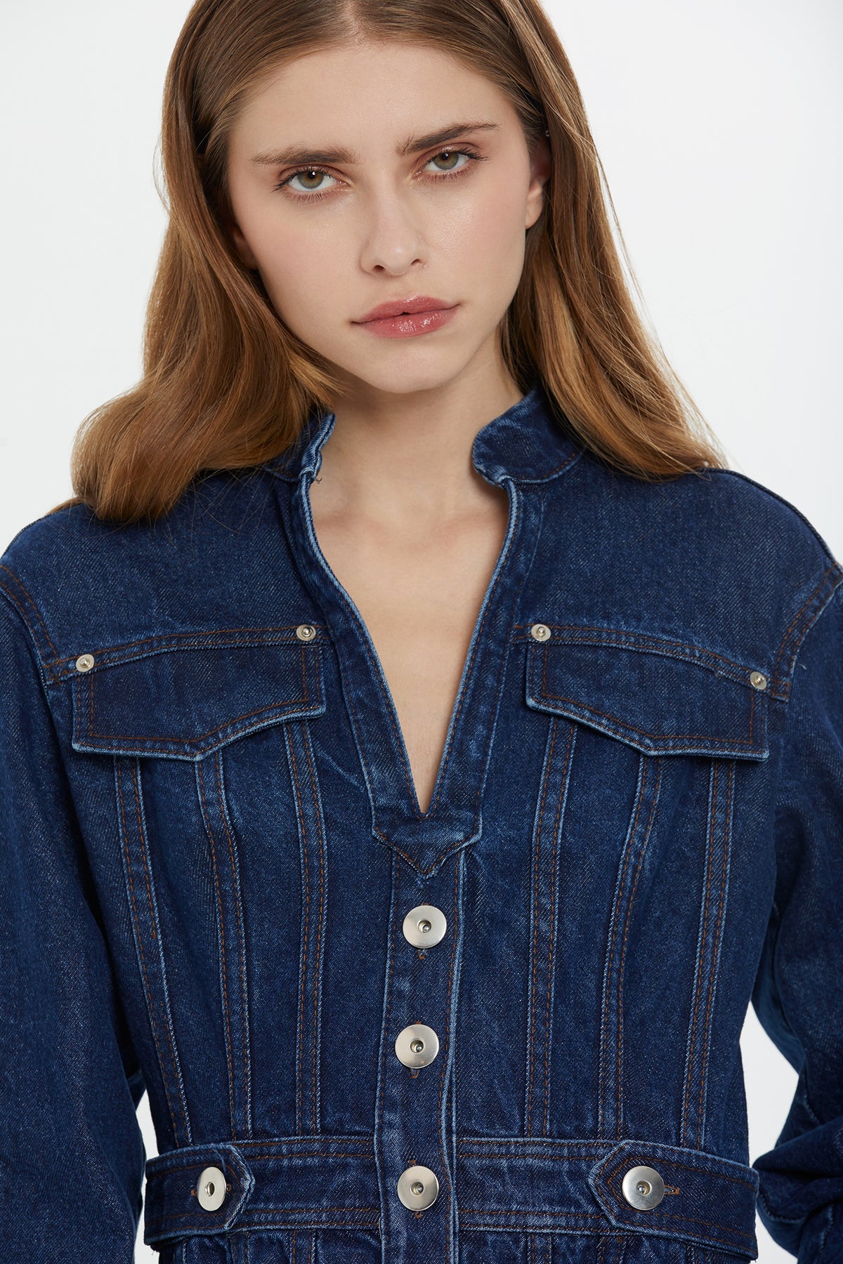 Blue Long-Sleeve Denim Midi Dress