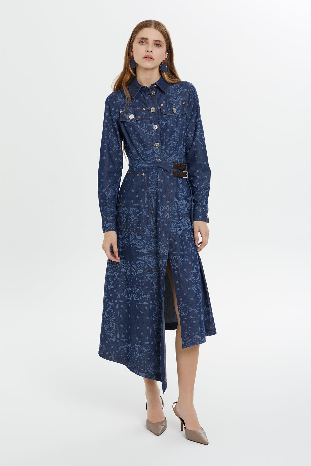 Blue Patterned Slit Midi Dress