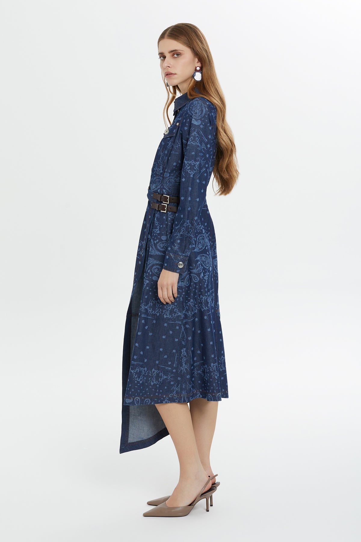 Blue Patterned Slit Midi Dress