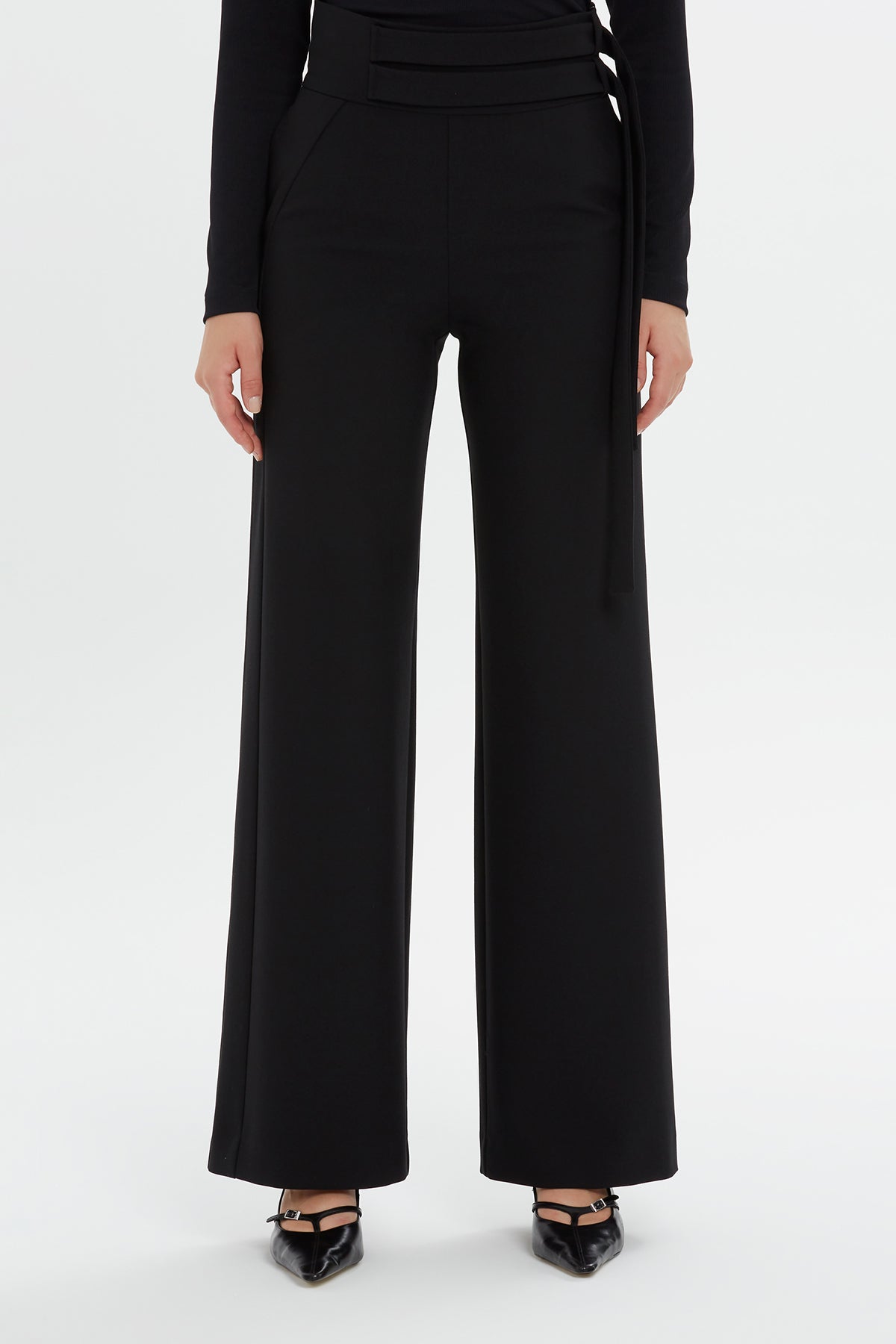 Black Wide-Leg Waist Detail Pants