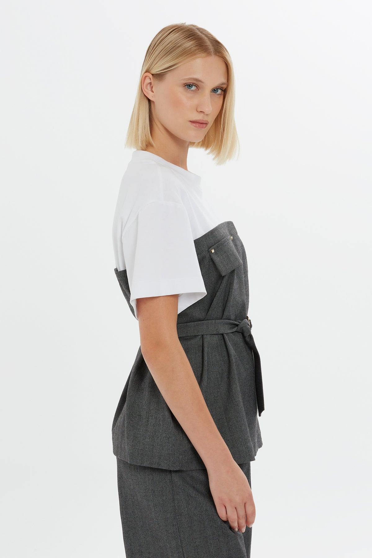 White/Grey Short Sleeve Blouse