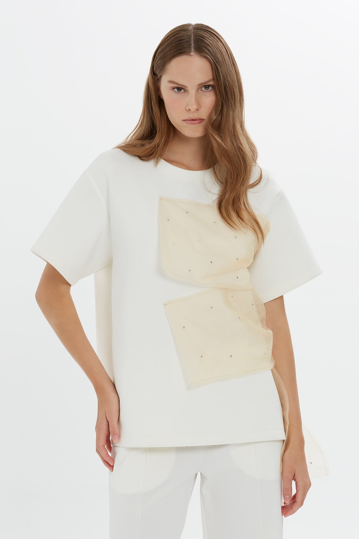 Ecru Tulle Detail T-Shirt