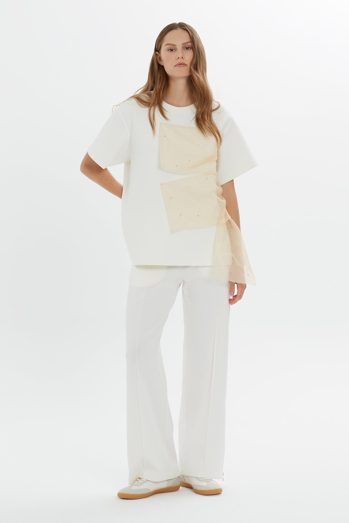 Ecru Tulle Detail T-Shirt