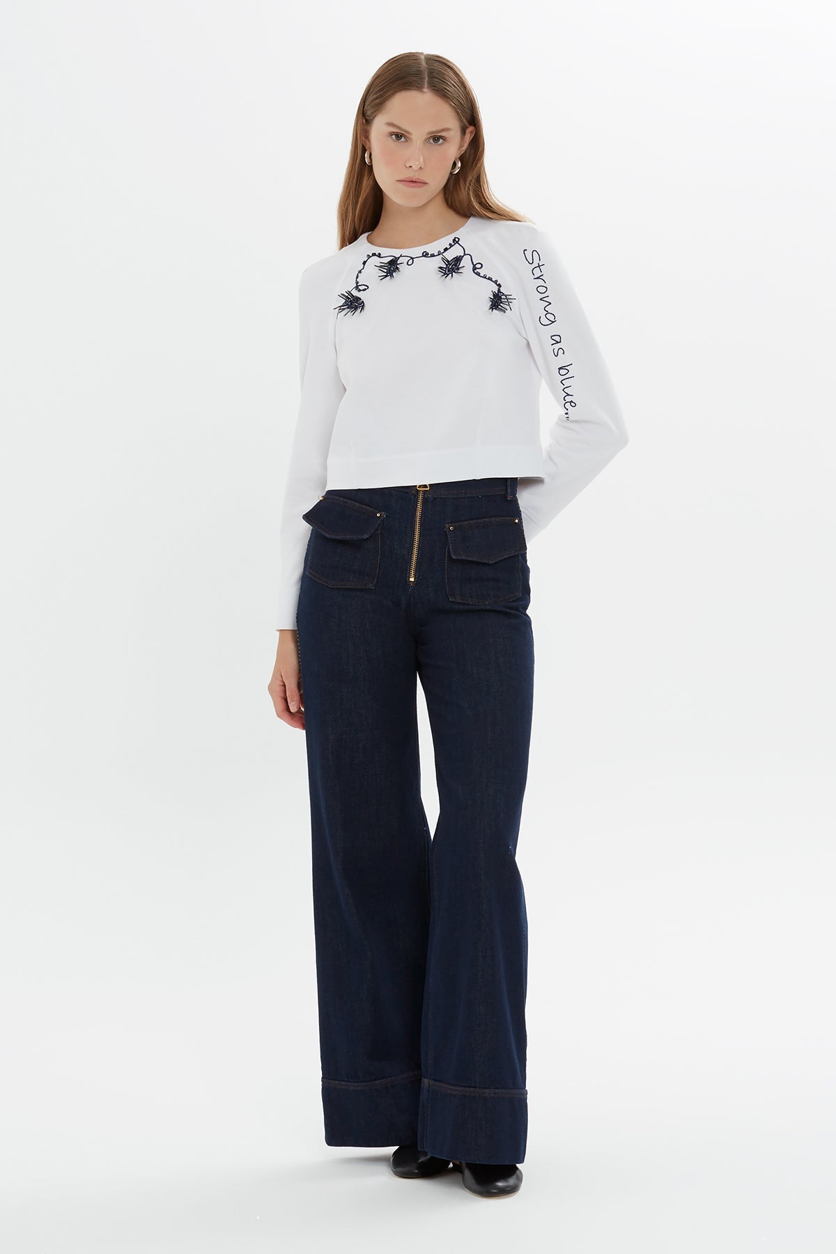 White Beaded Collar Long-Sleeve Blouse