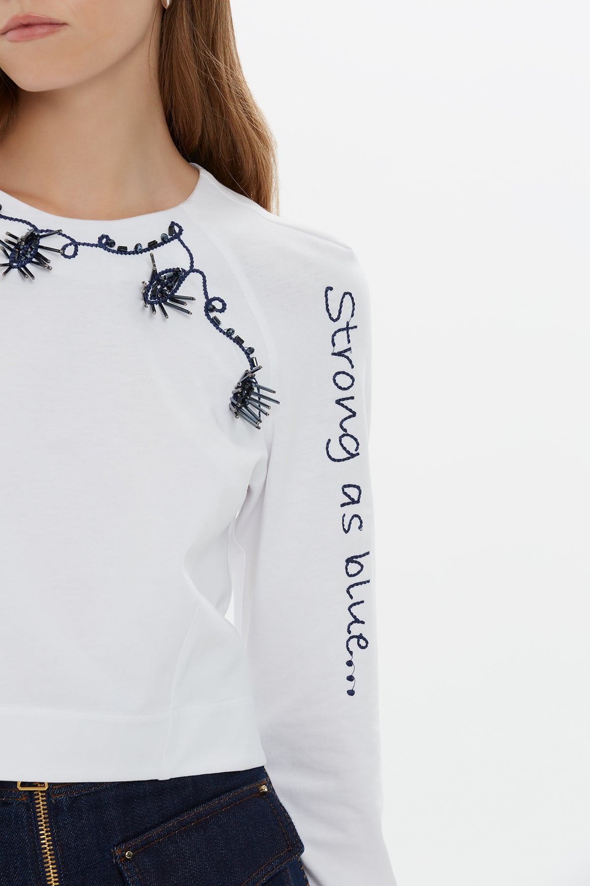 White Beaded Collar Long-Sleeve Blouse