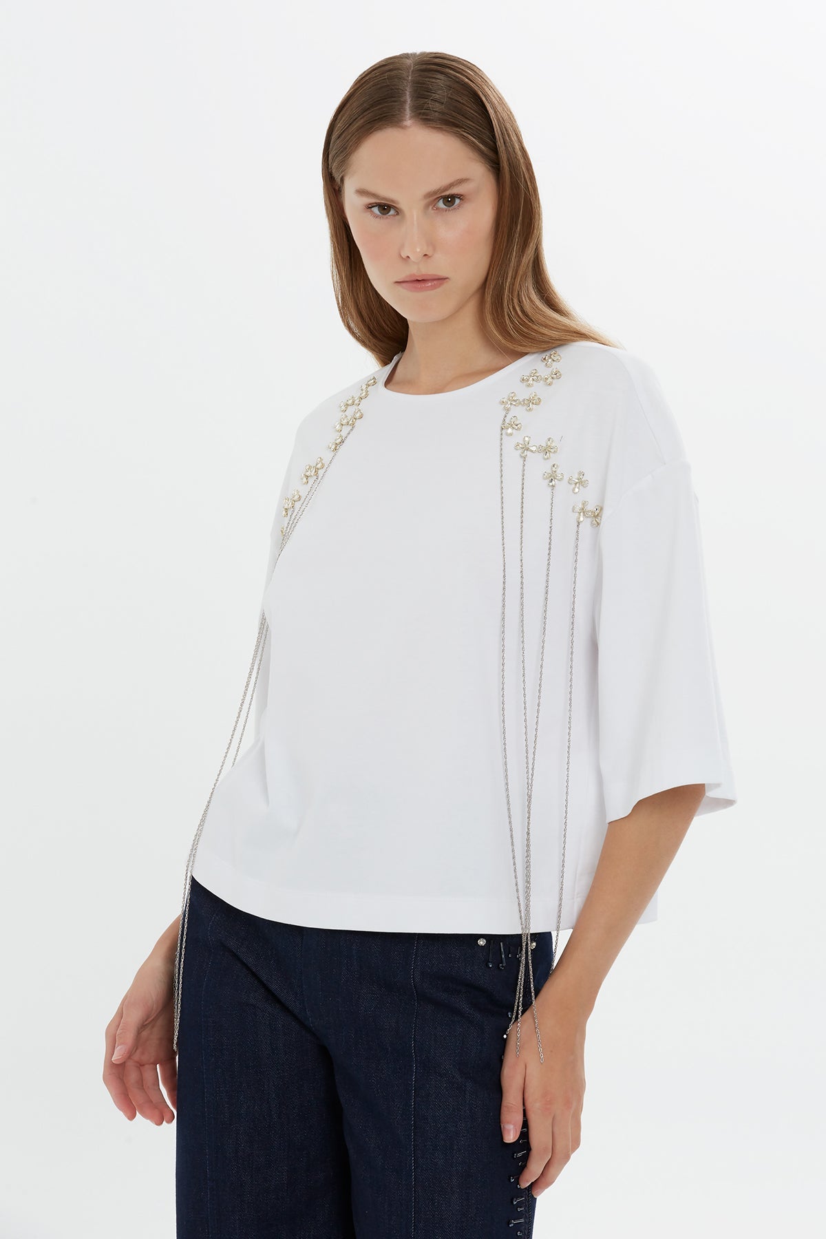 White Embroidered Cotton T-Shirt
