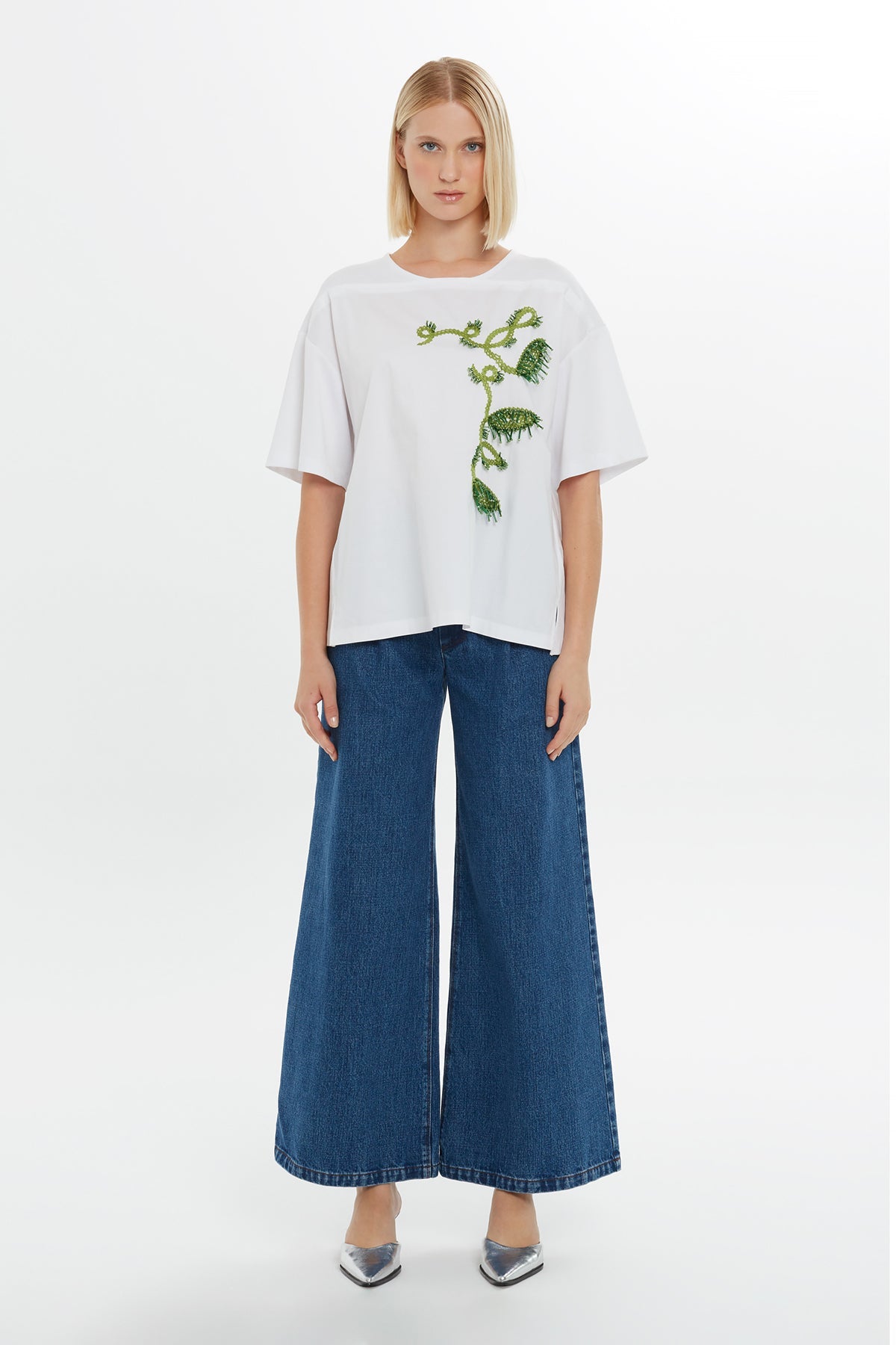 White Embroidery Detail Beaded Trim T-Shirt