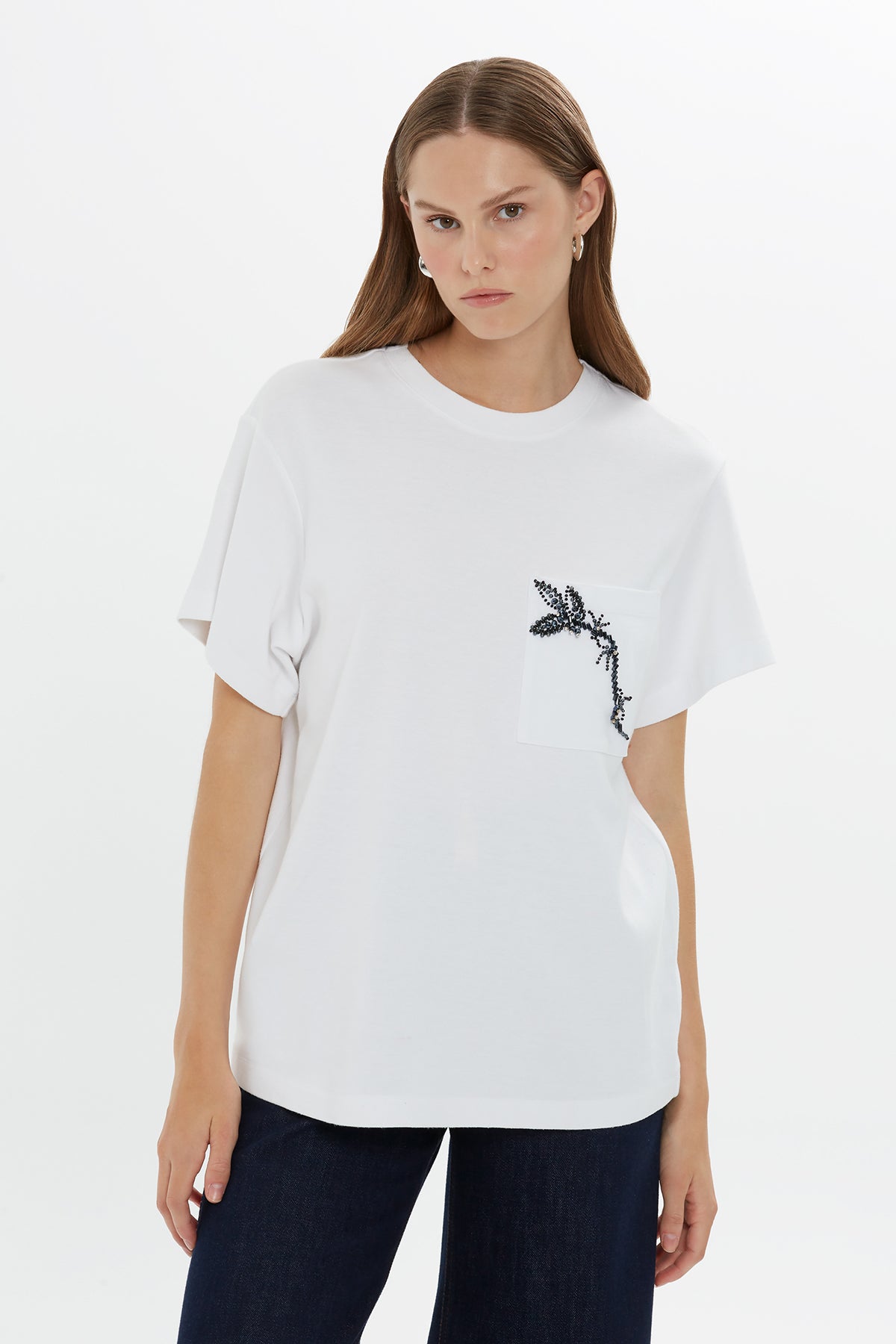 White Beaded Detail Pocket T-Shirt
