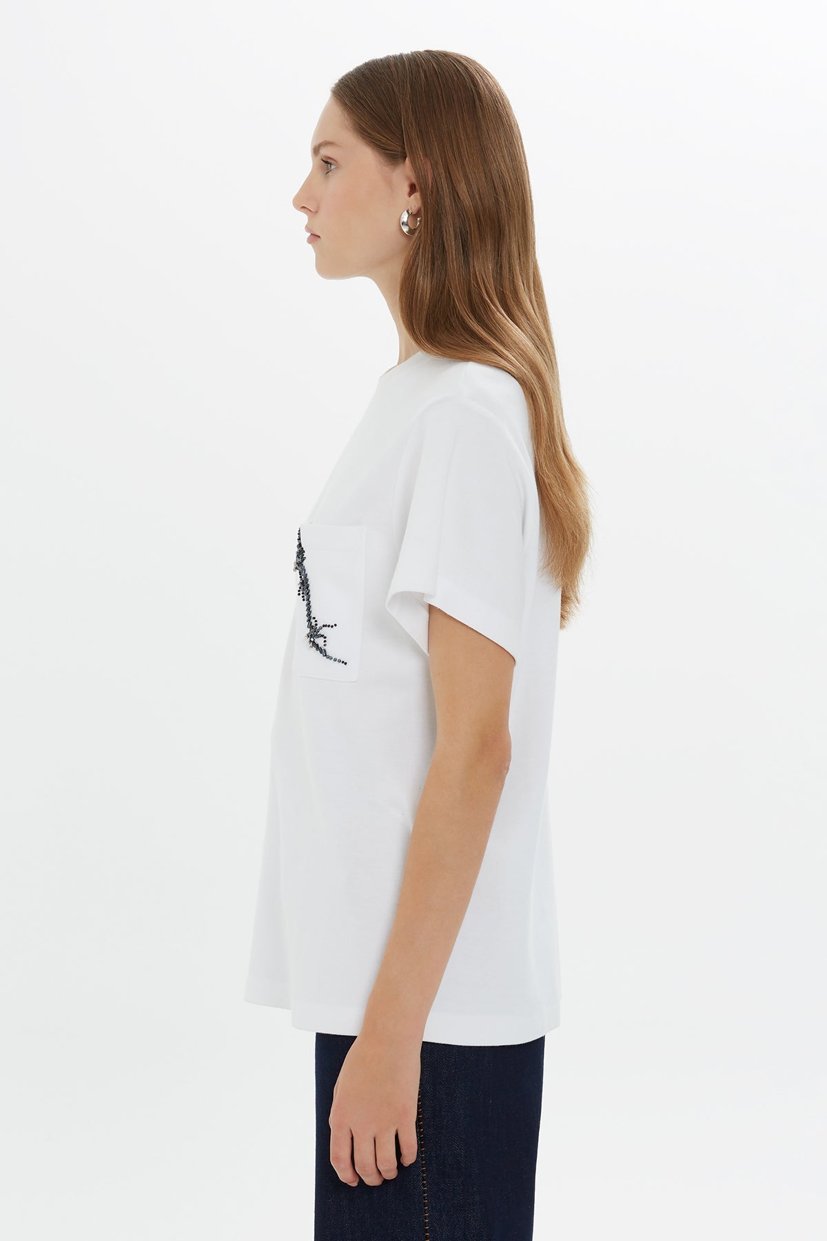 White Beaded Detail Pocket T-Shirt