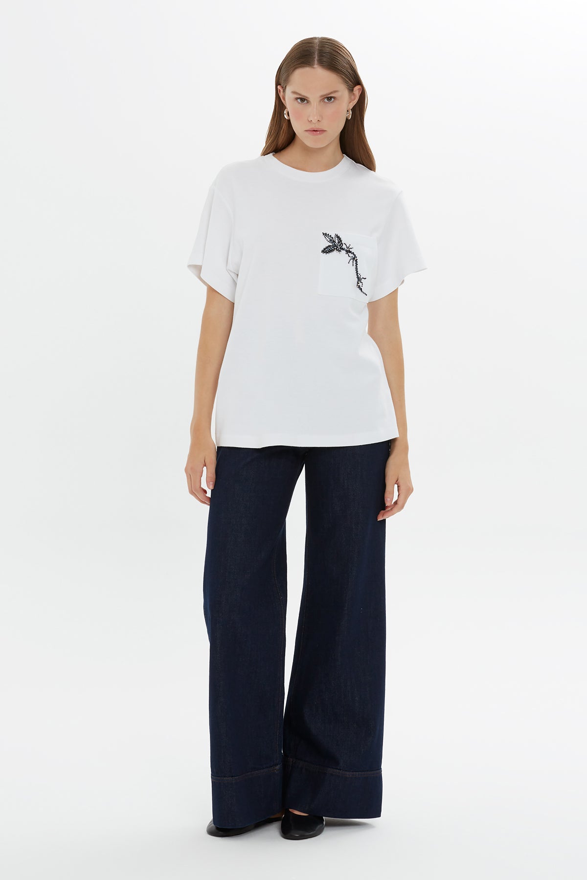 White Beaded Detail Pocket T-Shirt