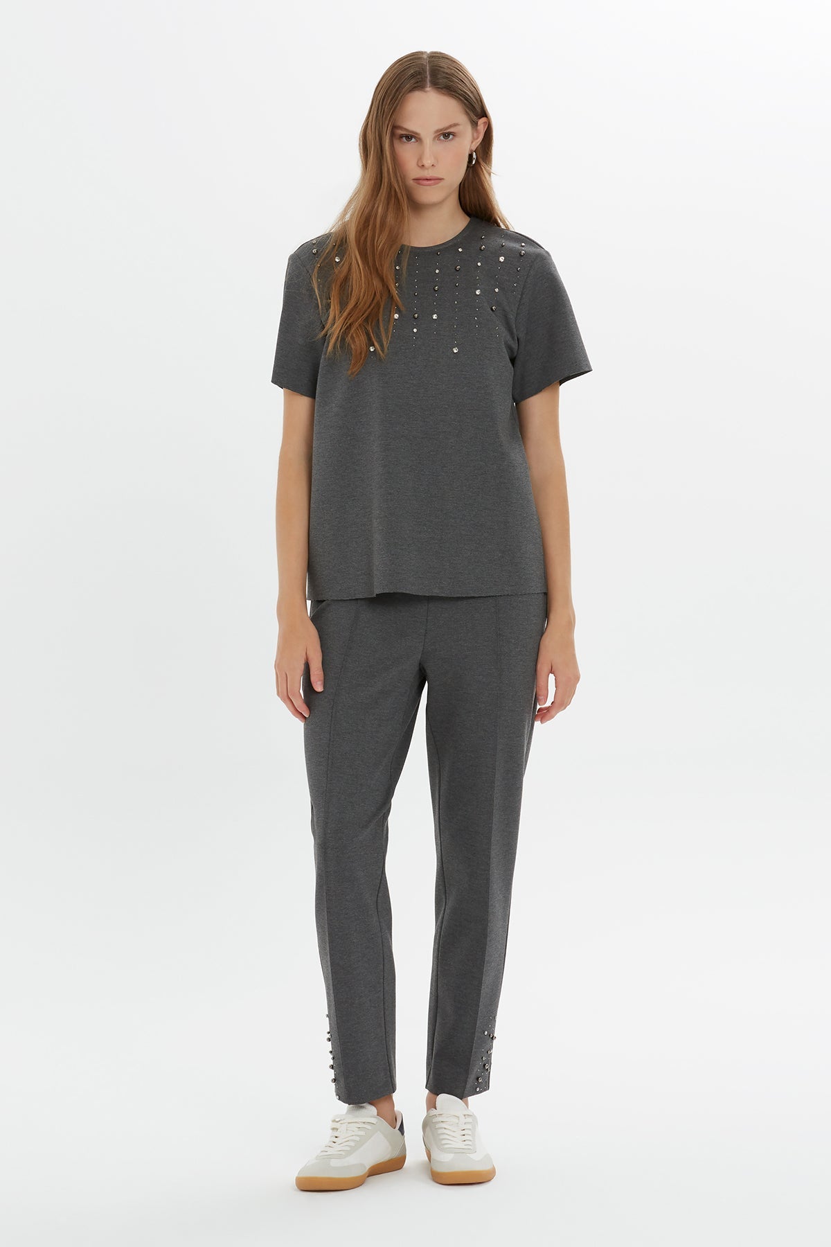 Grey Beaded Embroidered T-Shirt