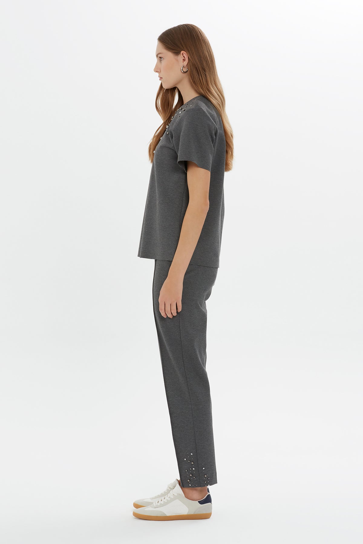 Grey Beaded Embroidered T-Shirt